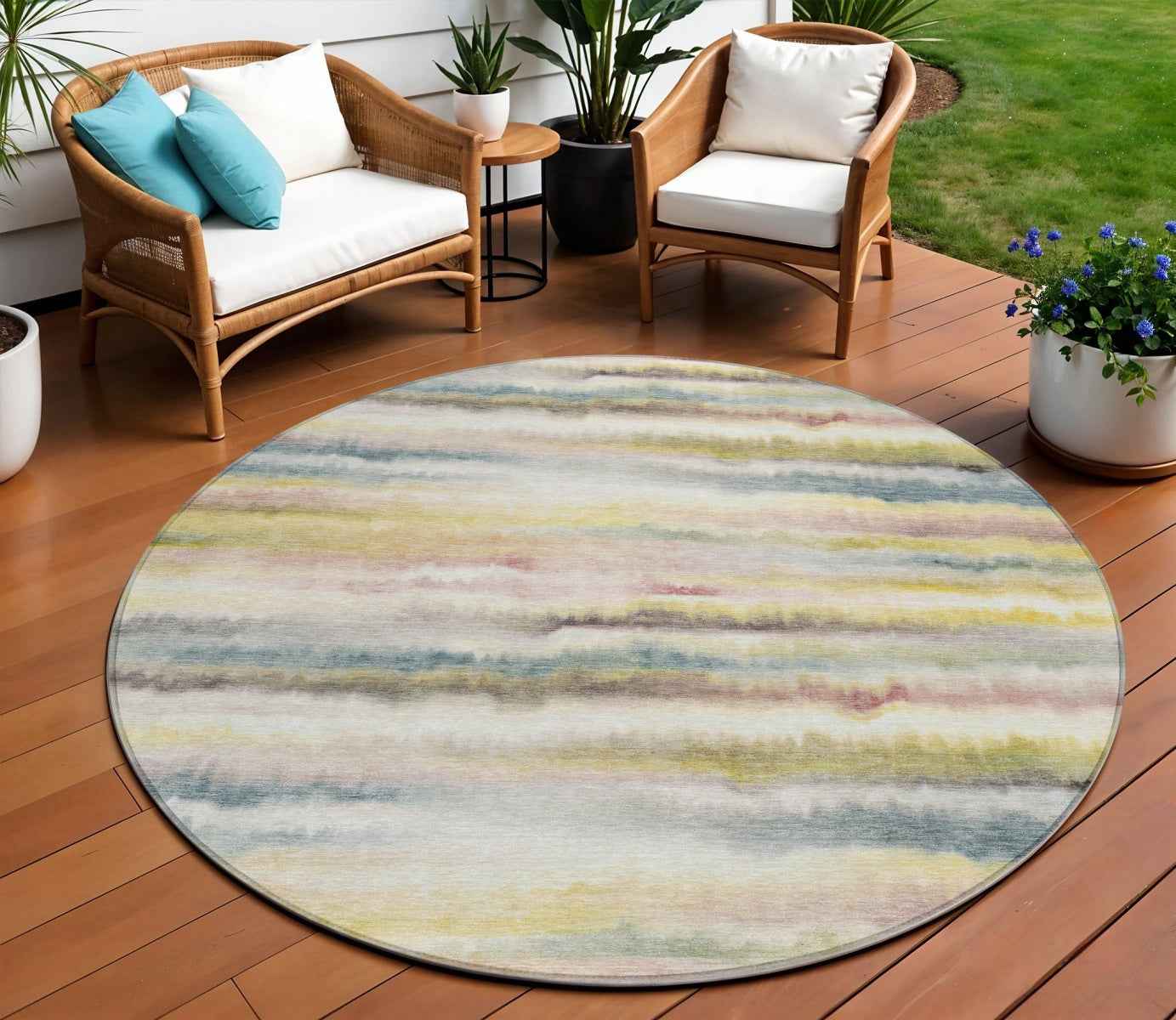 8' Gold Gray And Ivory Round Striped Washable Indoor Outdoor Area Rug