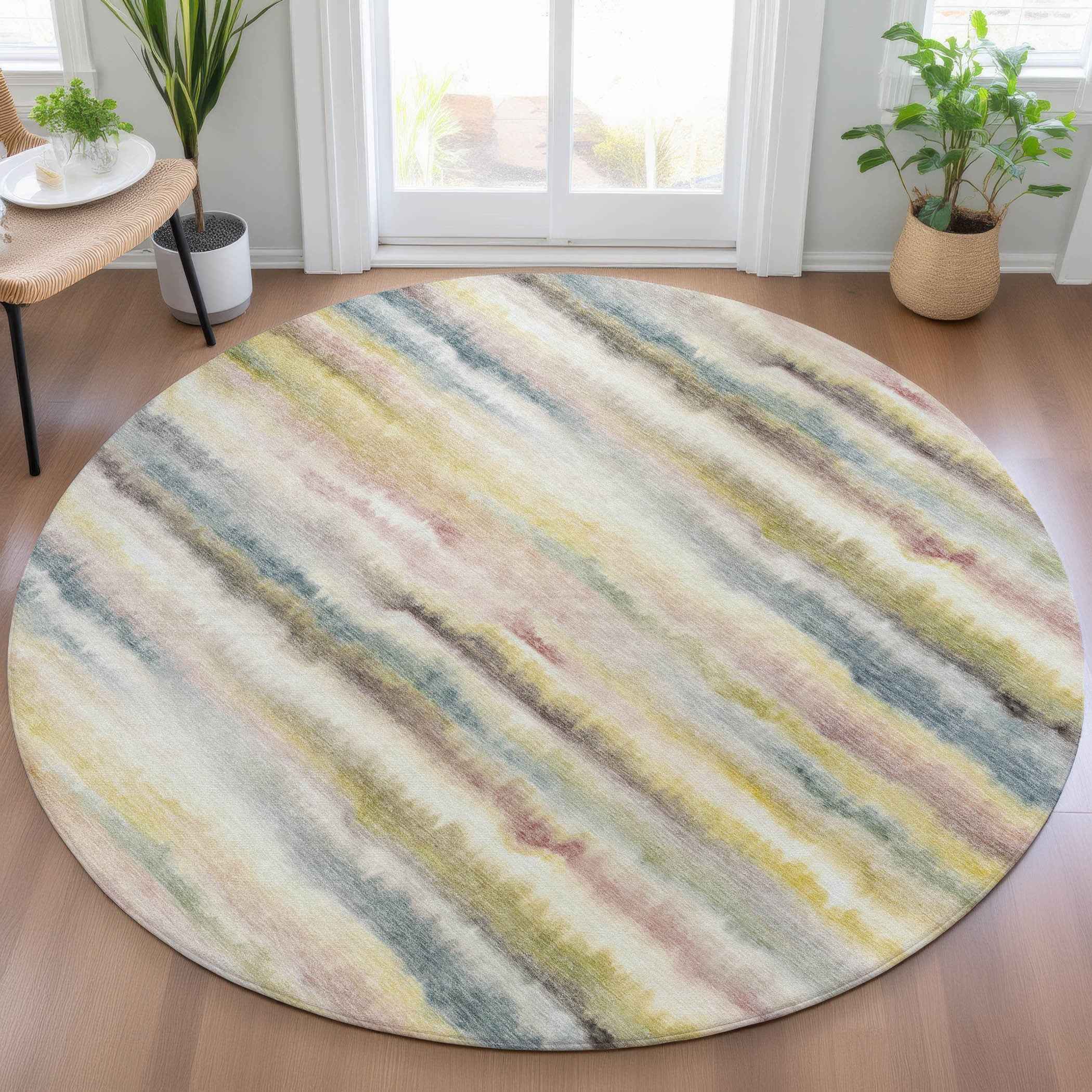 8' Gold Gray And Ivory Round Striped Washable Indoor Outdoor Area Rug