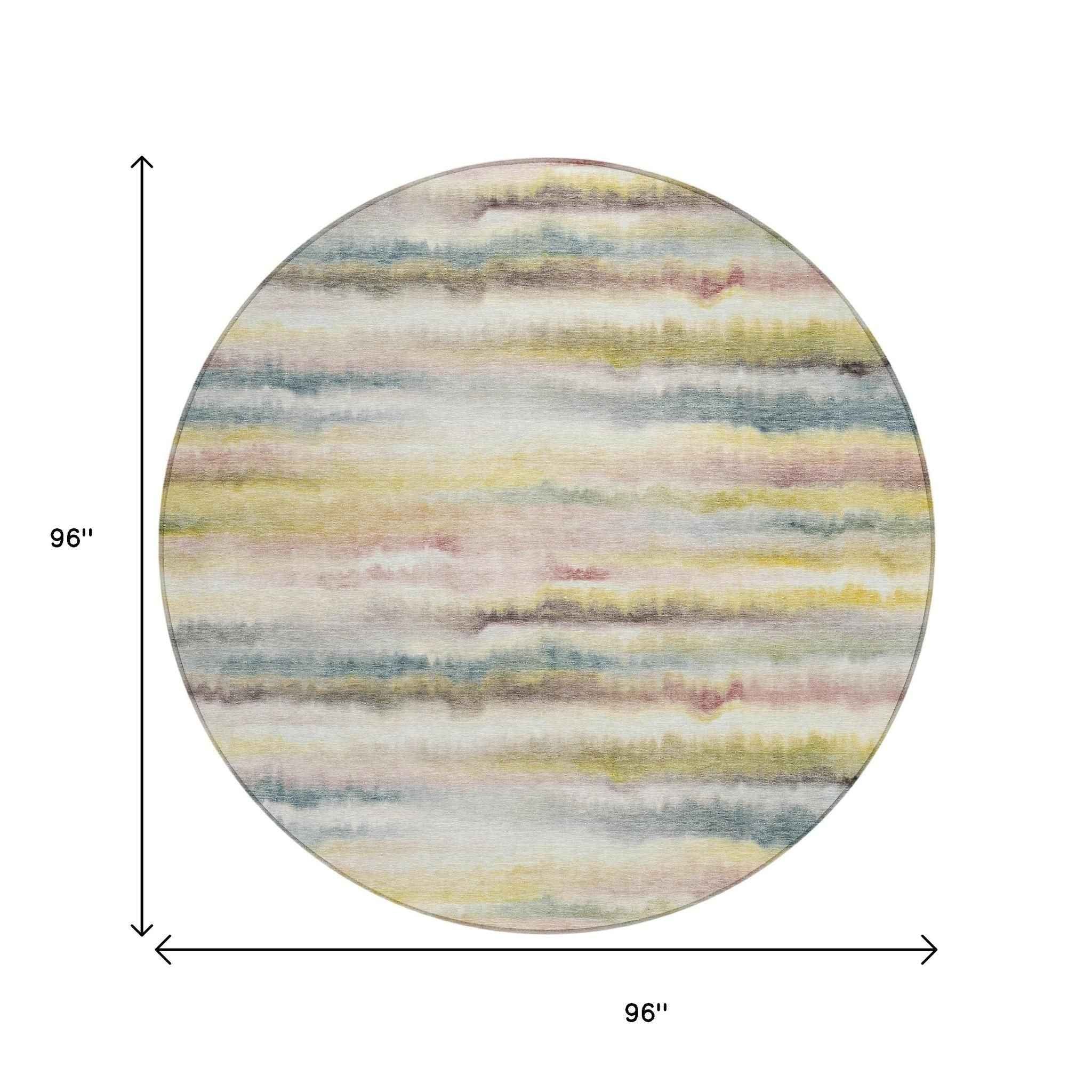 8' Gold Gray And Ivory Round Striped Washable Indoor Outdoor Area Rug