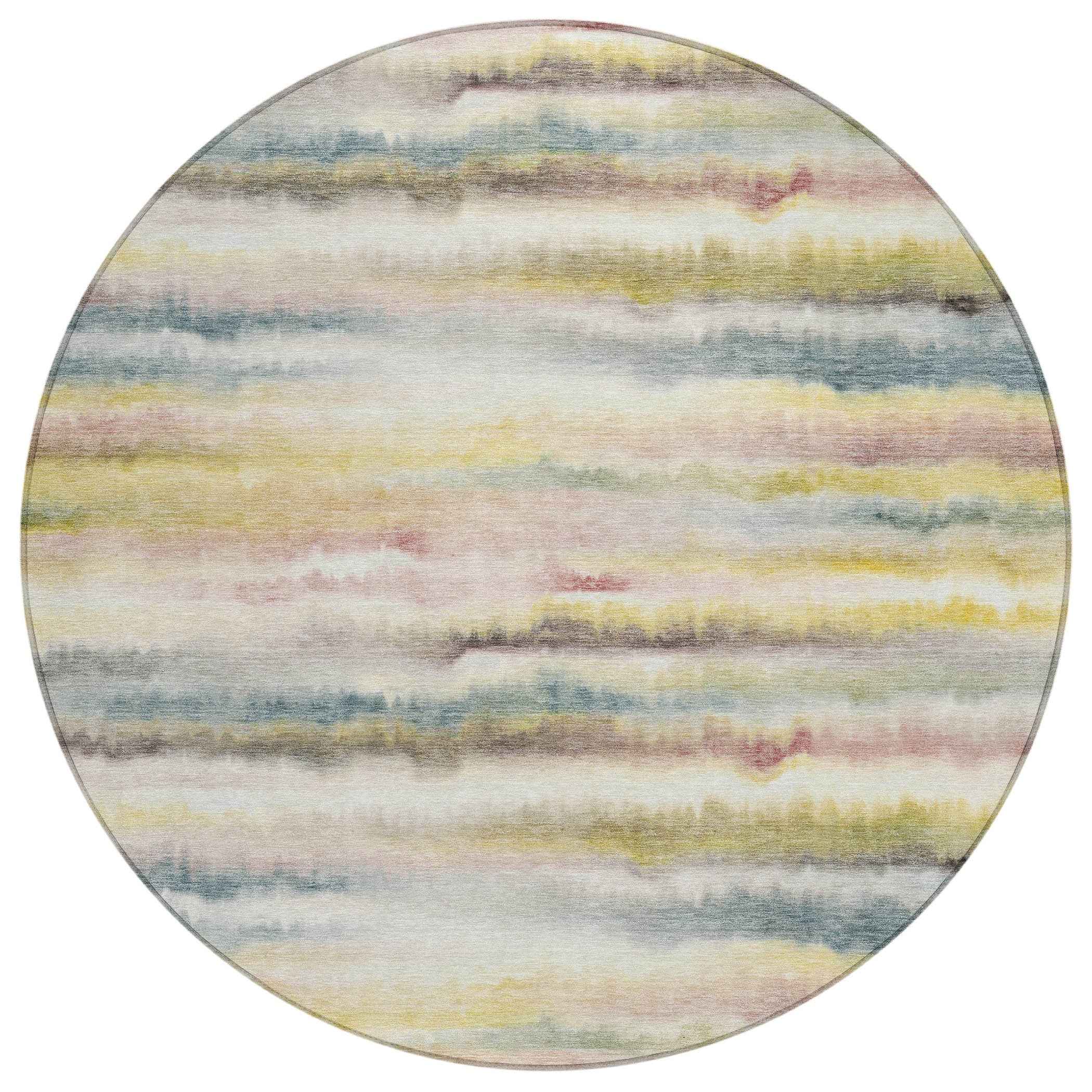 8' Gold Gray And Ivory Round Striped Washable Indoor Outdoor Area Rug