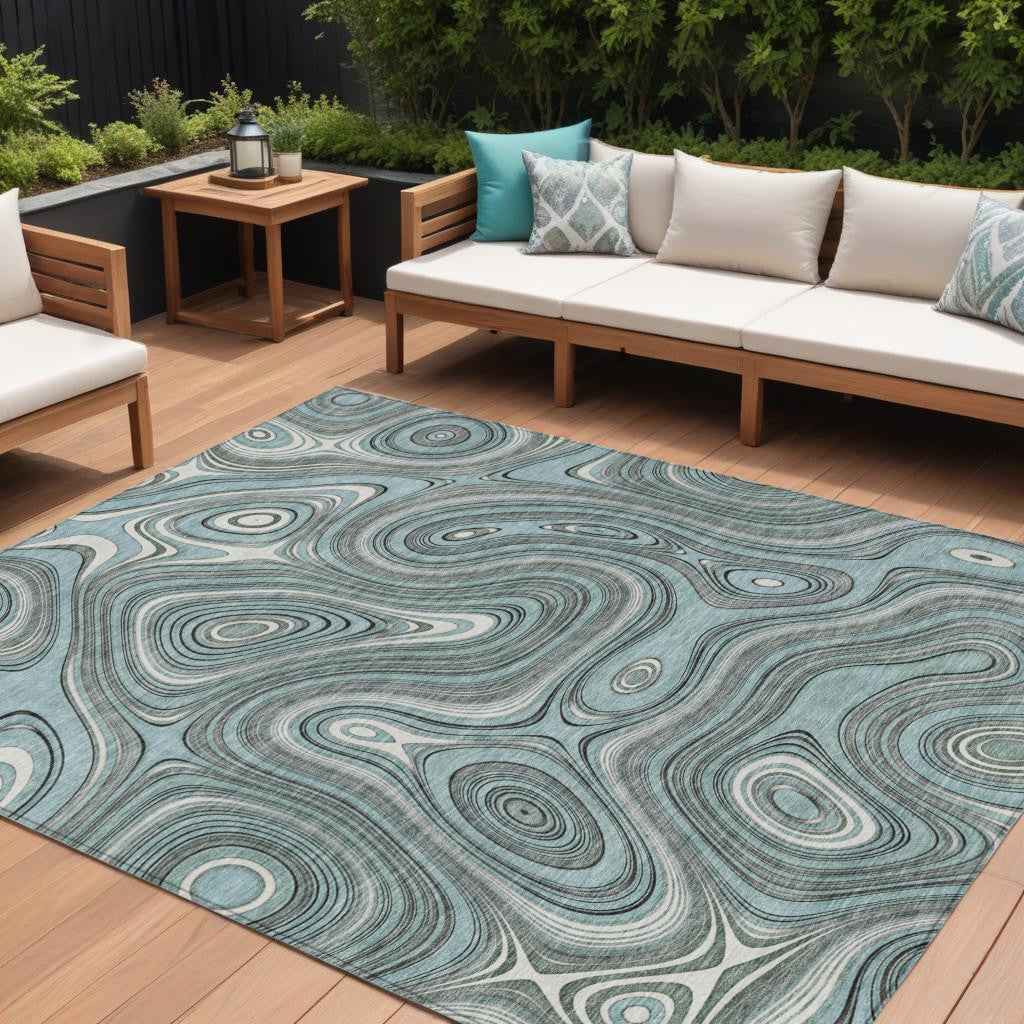 8' X 10' Sky Blue And Gray Geometric Washable Indoor Outdoor Area Rug