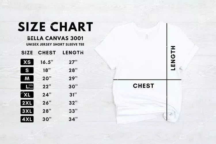 T-shirt size chart graphic with chest and length guide for Bella Canvas 3001