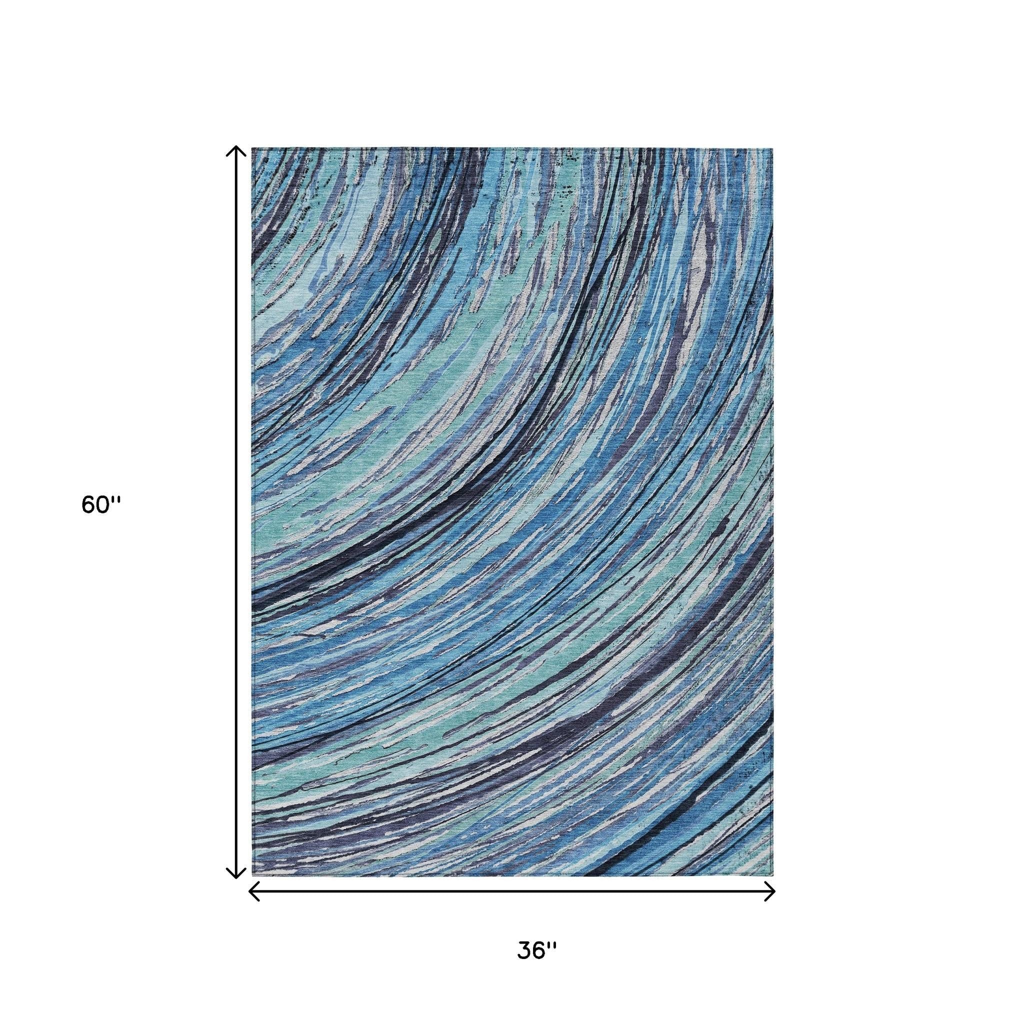 3' X 5' Blue Aqua And Ivory Abstract Washable Indoor Outdoor Area Rug - Sports & Outdoor