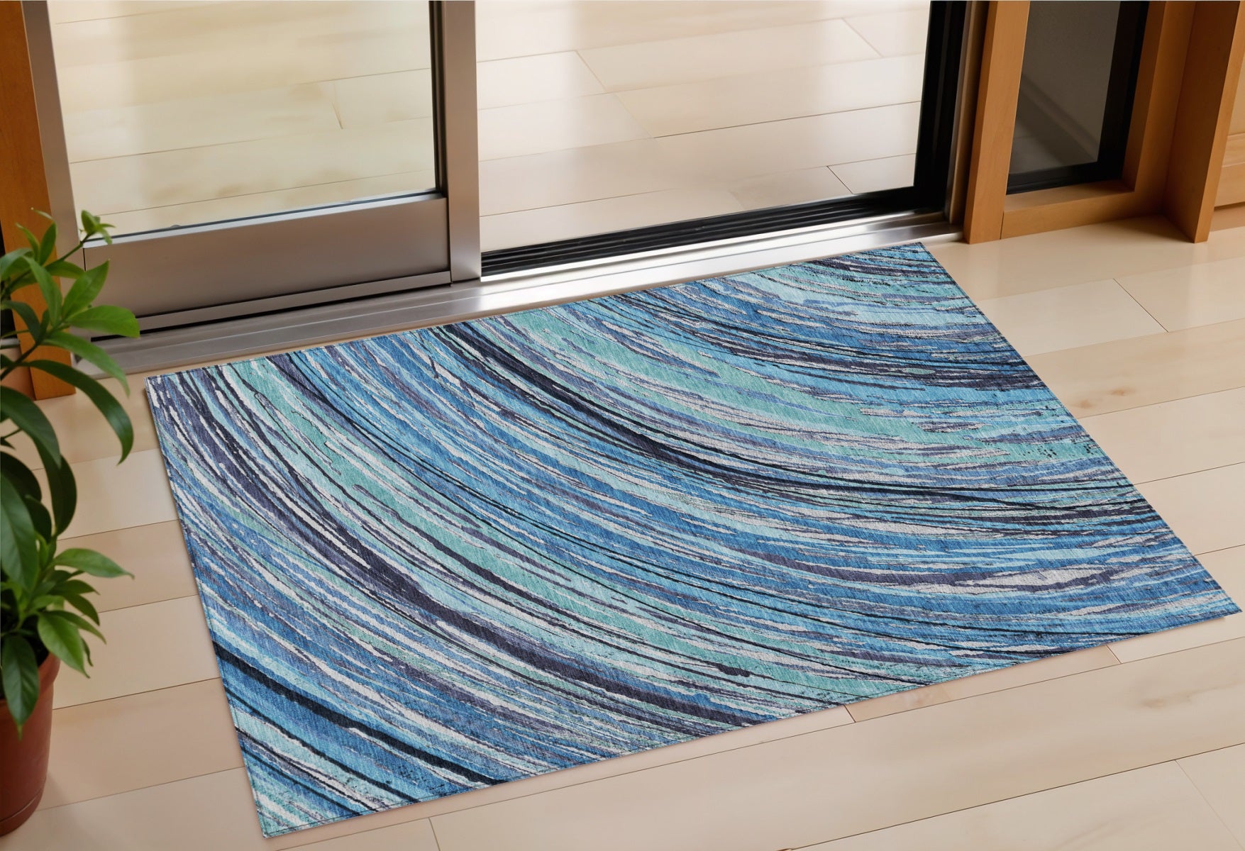 3' X 5' Blue Aqua And Ivory Abstract Washable Indoor Outdoor Area Rug - Sports & Outdoor