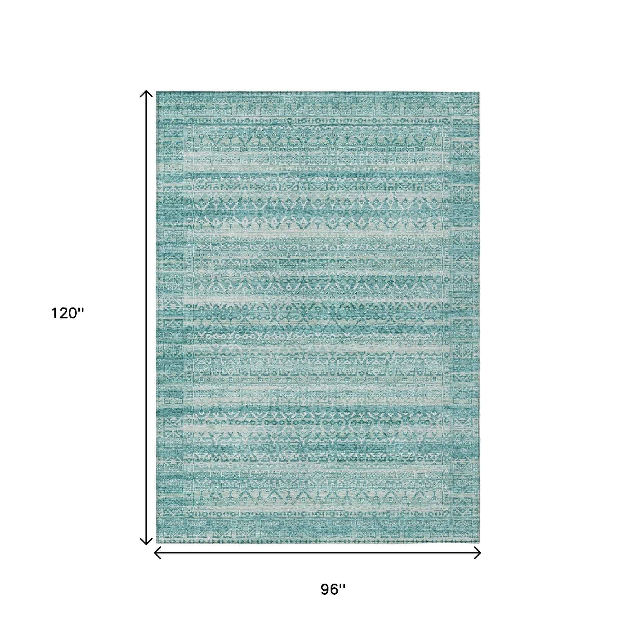 8' X 10' Aqua And Ivory Striped Washable Indoor Outdoor Area Rug