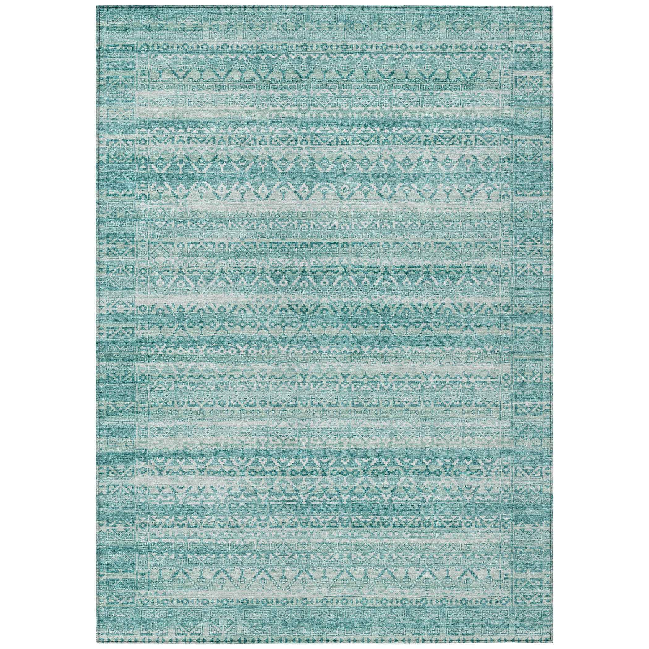 8' X 10' Aqua And Ivory Striped Washable Indoor Outdoor Area Rug