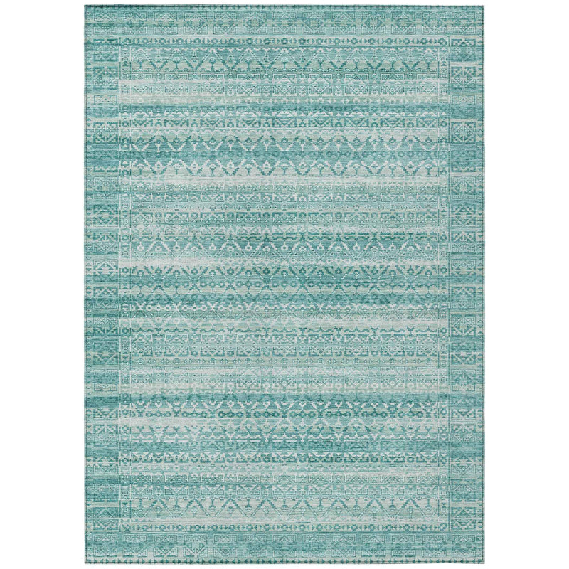 8' X 10' Aqua And Ivory Striped Washable Indoor Outdoor Area Rug