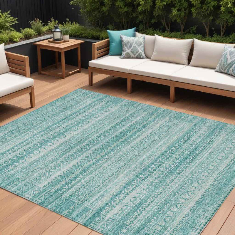 8' X 10' Aqua And Ivory Striped Washable Indoor Outdoor Area Rug