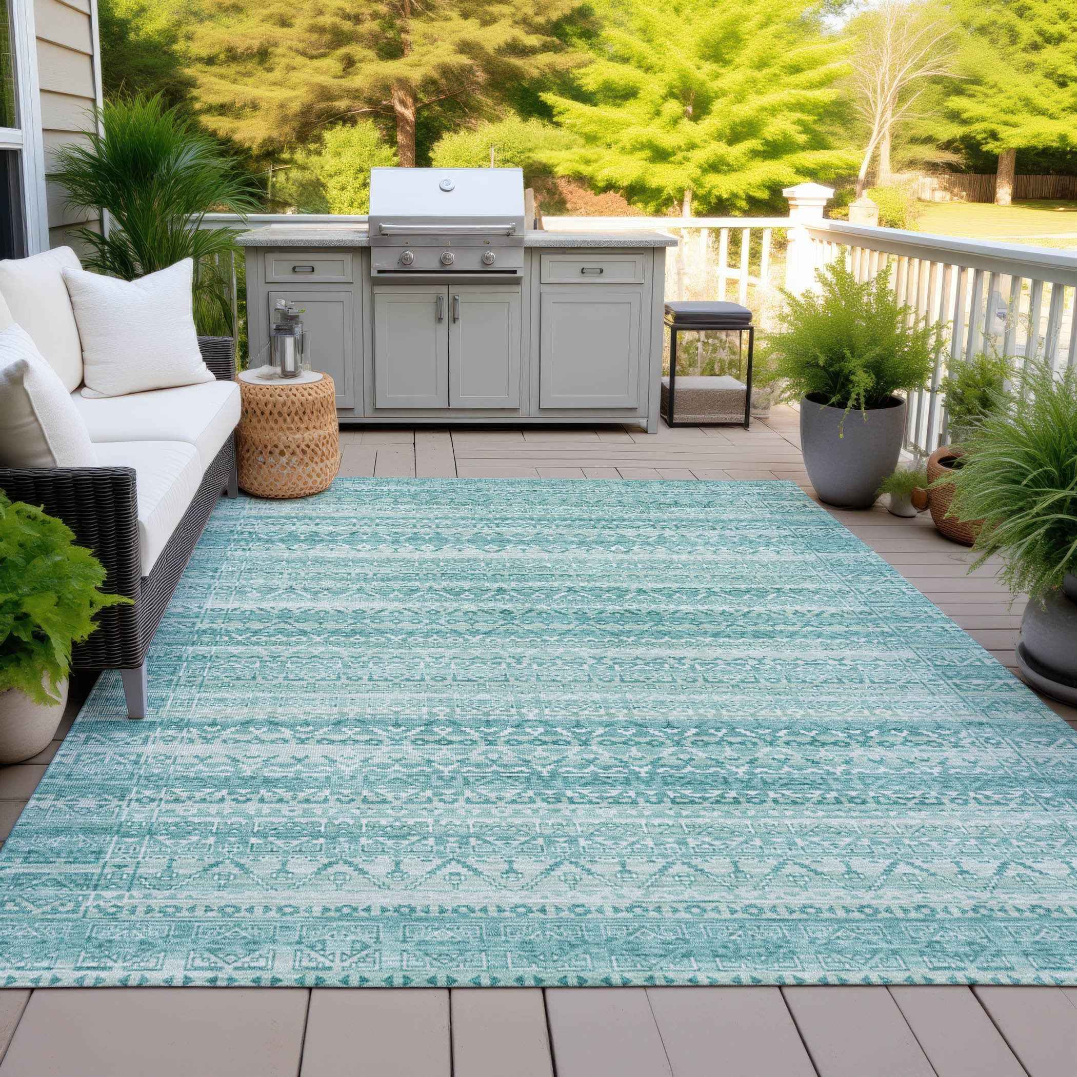 8' X 10' Aqua And Ivory Striped Washable Indoor Outdoor Area Rug