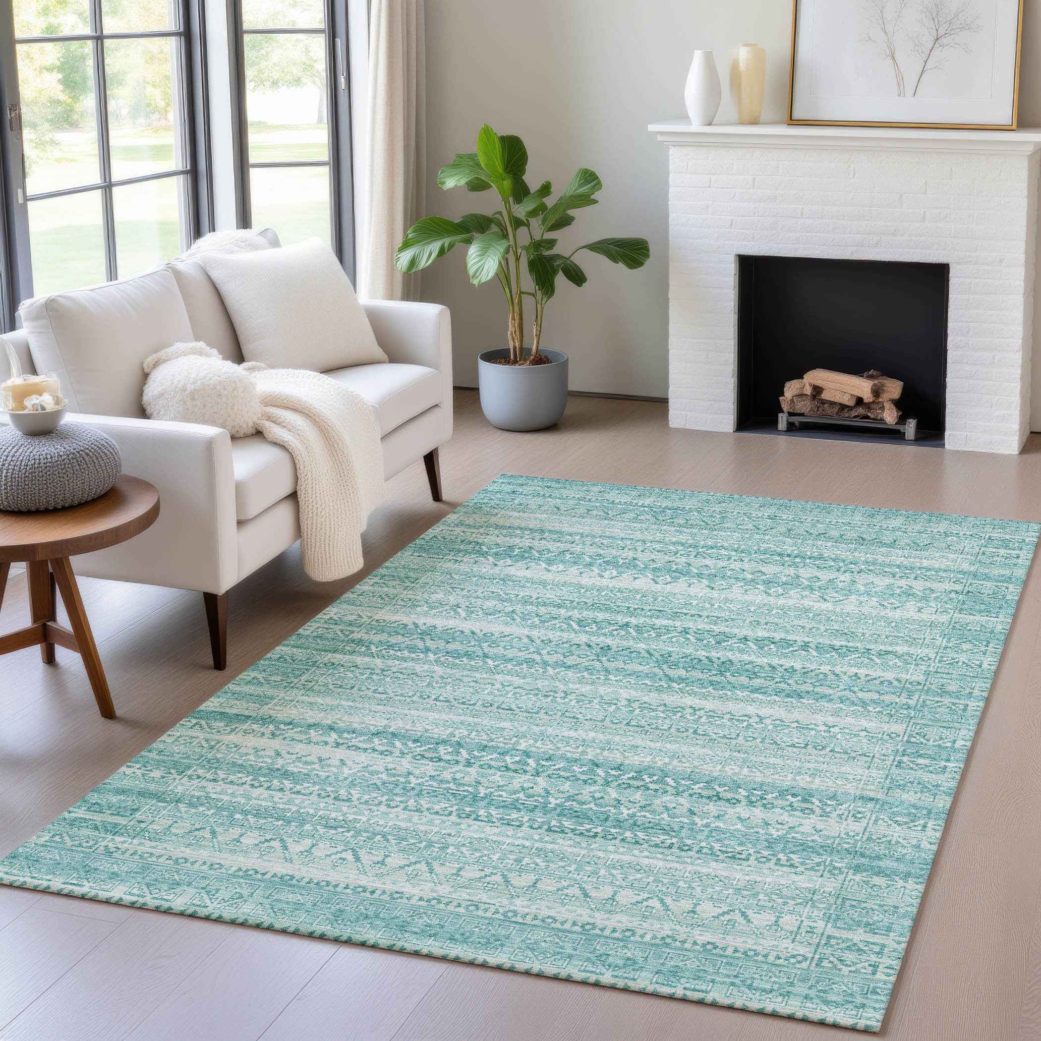 8' X 10' Aqua And Ivory Striped Washable Indoor Outdoor Area Rug