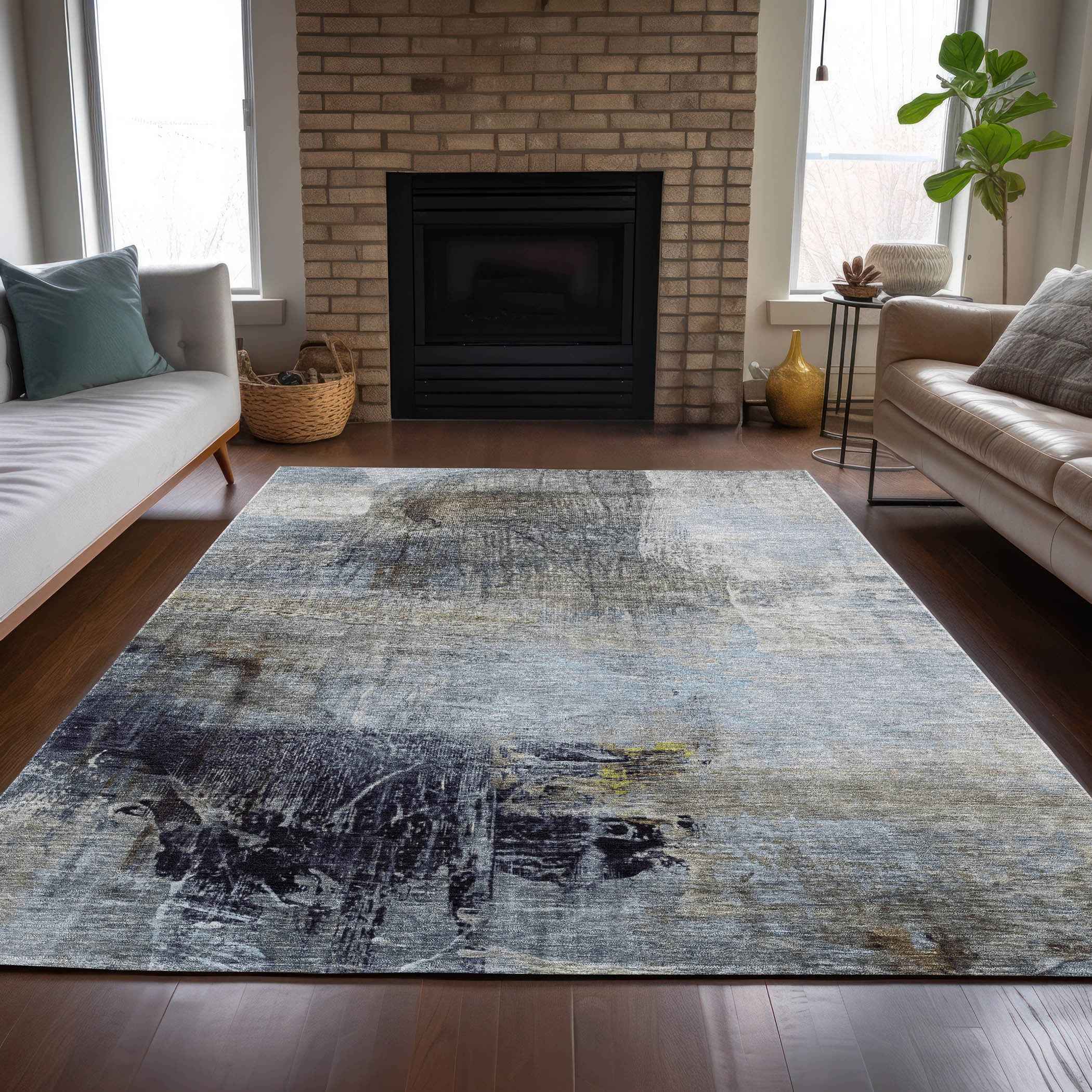9' X 12' Sky Blue And Gray Abstract Washable Indoor Outdoor Area Rug