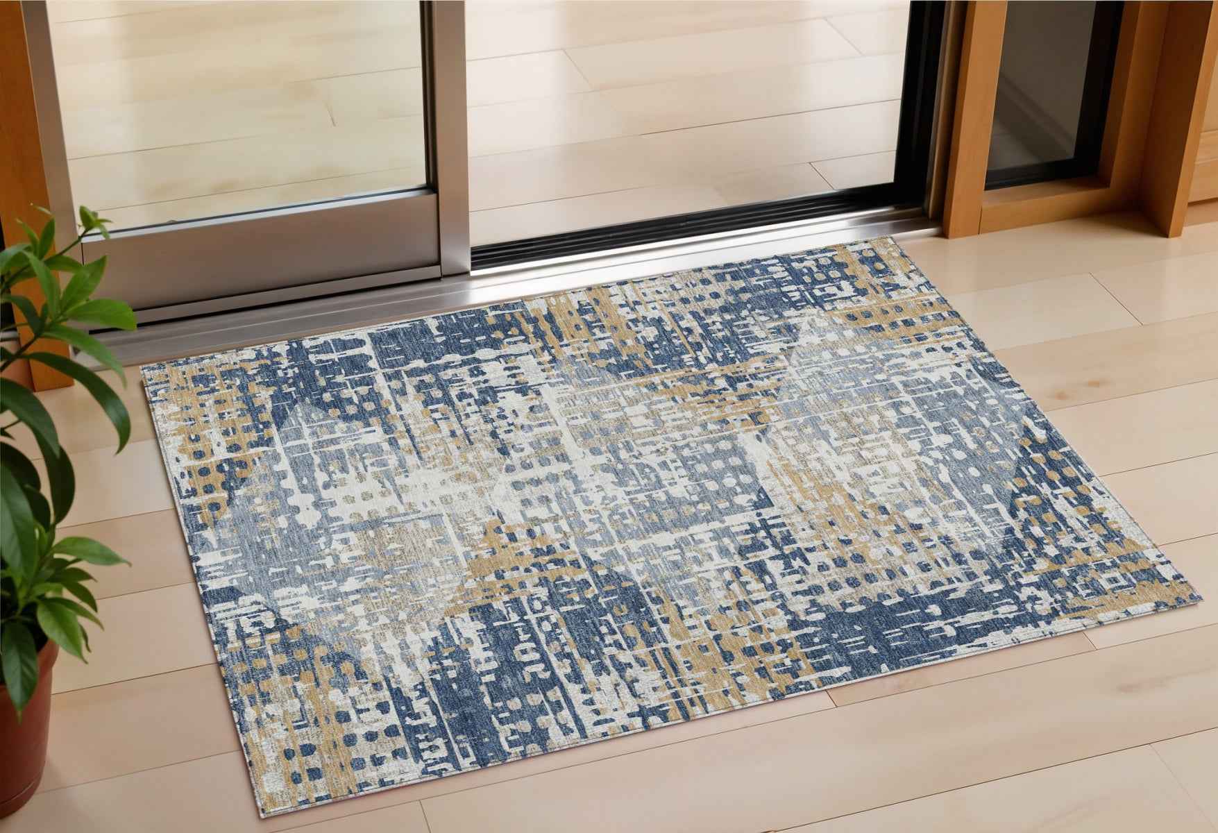 3' X 5' Navy Blue And Beige Geometric Washable Indoor Outdoor Area Rug