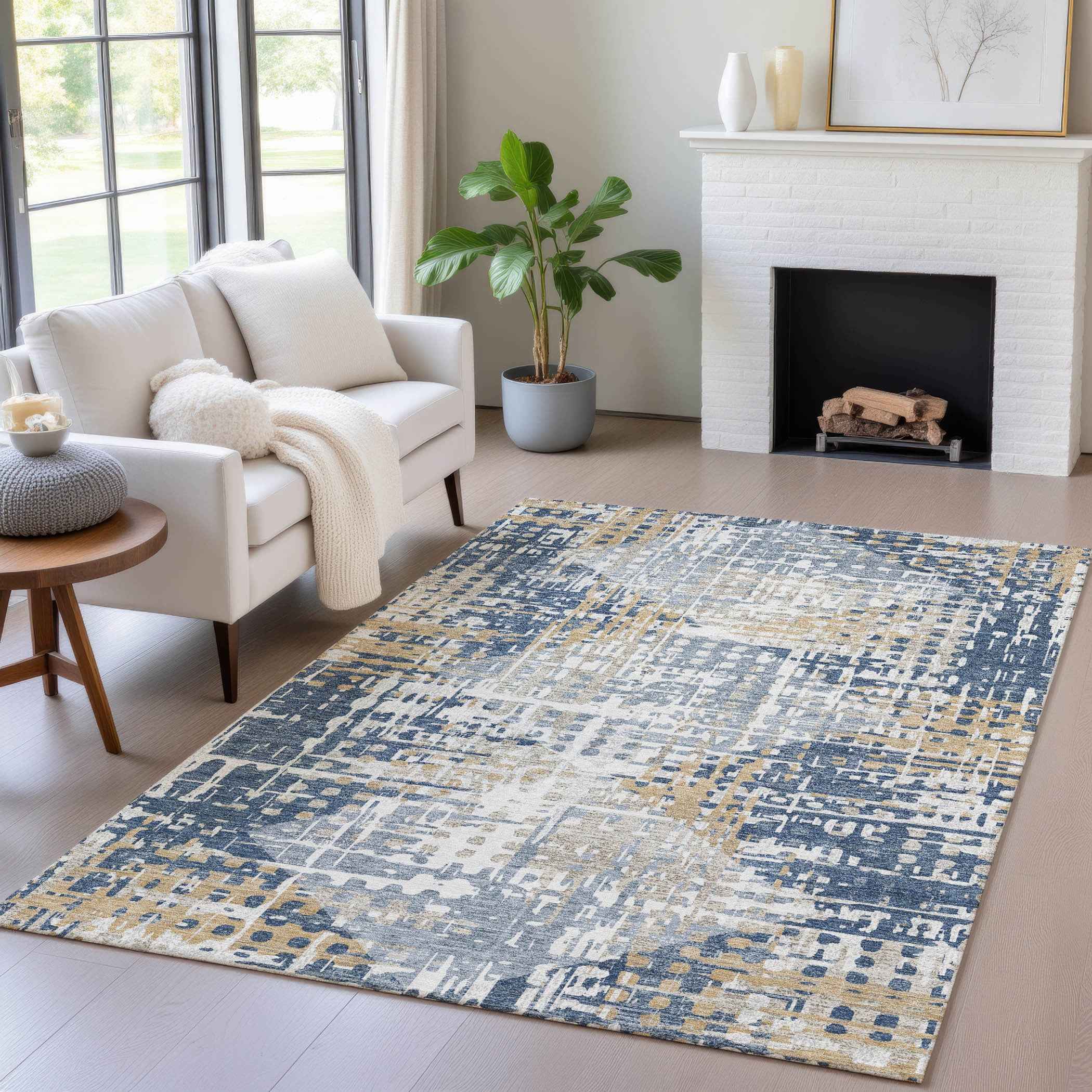 8' X 10' Navy Blue And Beige Geometric Washable Indoor Outdoor Area Rug