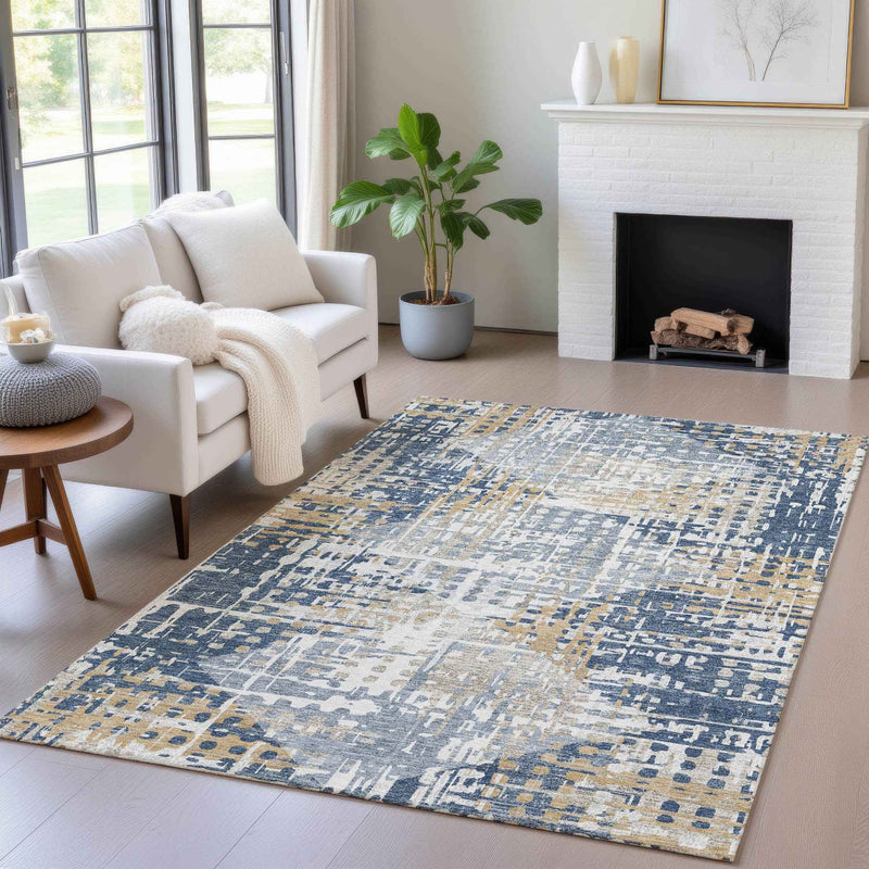 8' X 10' Navy Blue And Beige Geometric Washable Indoor Outdoor Area Rug