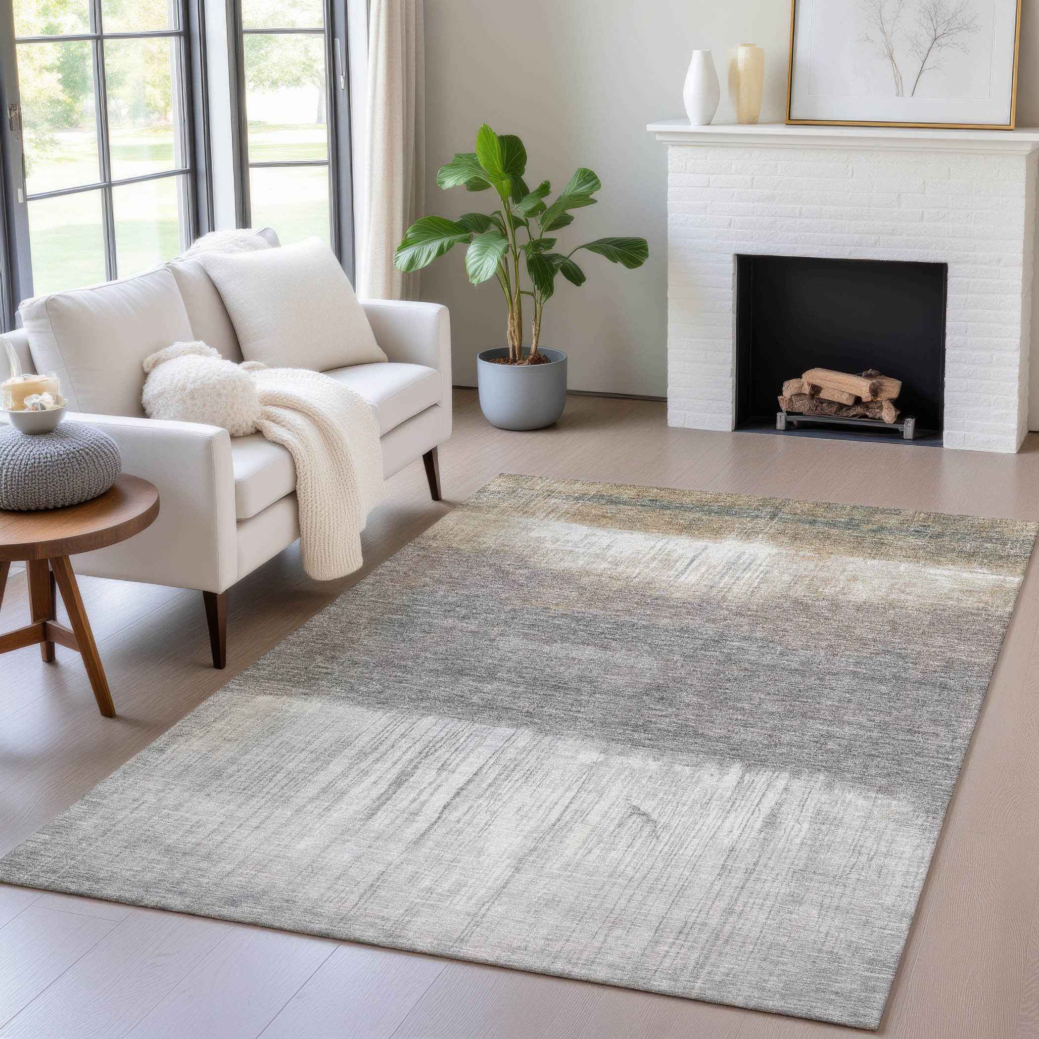 10' X 14' Taupe And Gray Abstract Washable Indoor Outdoor Area Rug