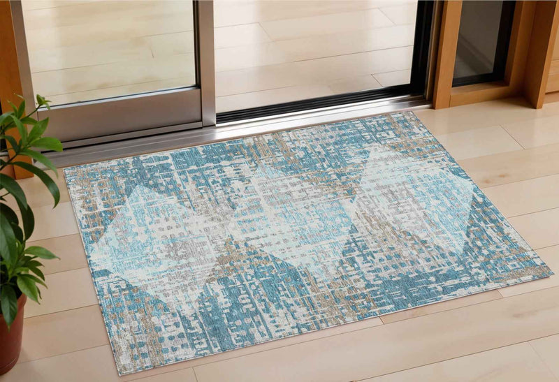 3' X 5' Teal Blue And Beige Geometric Washable Indoor Outdoor Area Rug