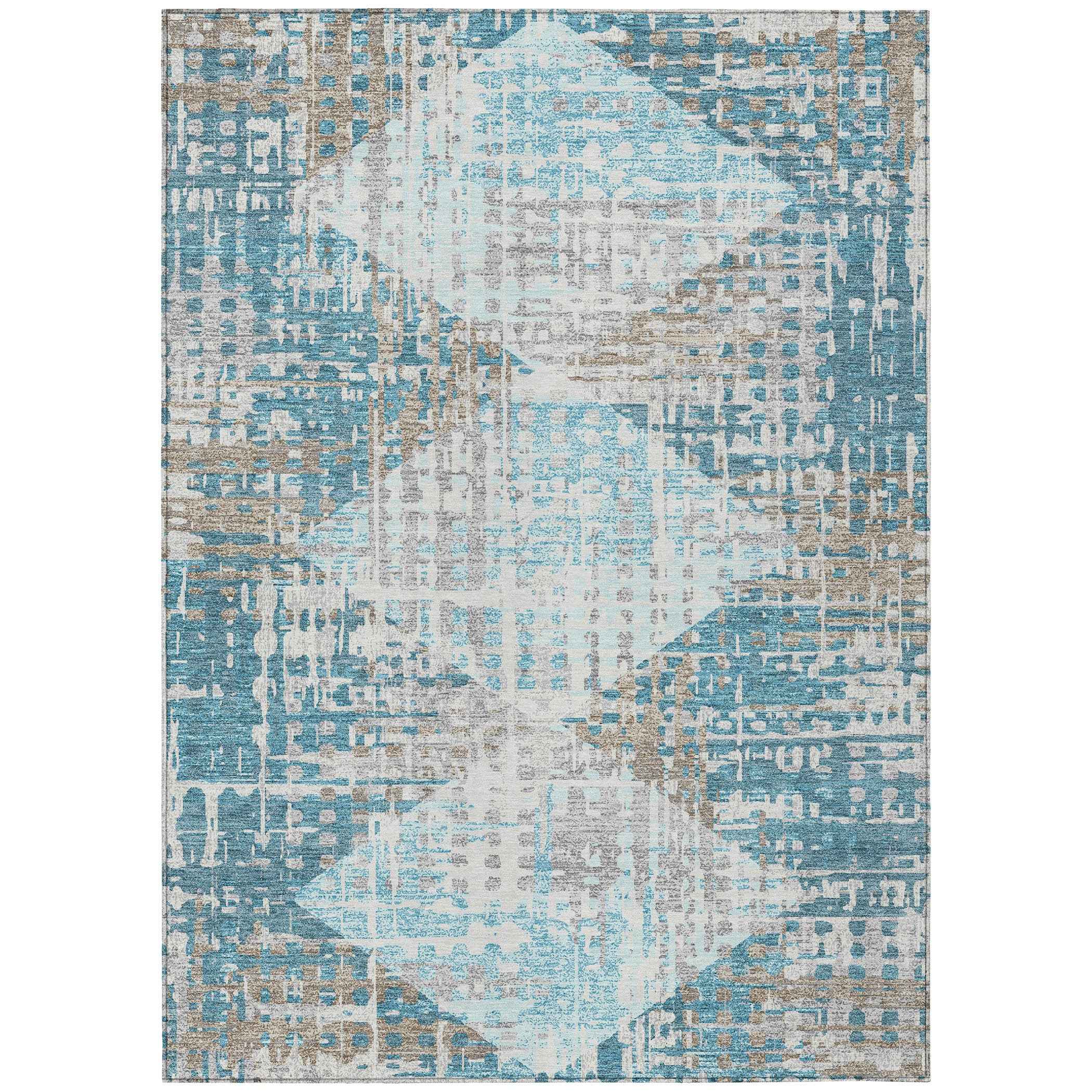 3' X 5' Teal Blue And Beige Geometric Washable Indoor Outdoor Area Rug