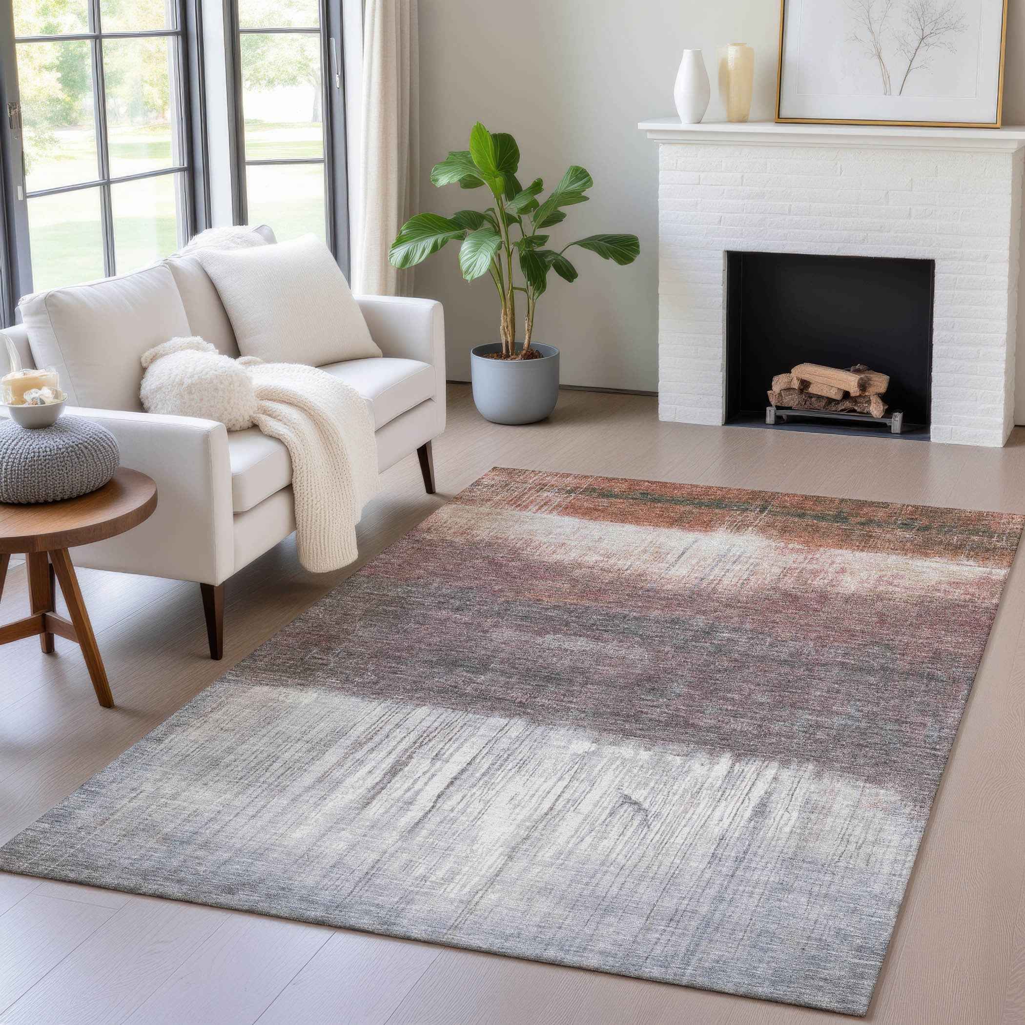8' X 10' Rust And Ivory Abstract Washable Indoor Outdoor Area Rug