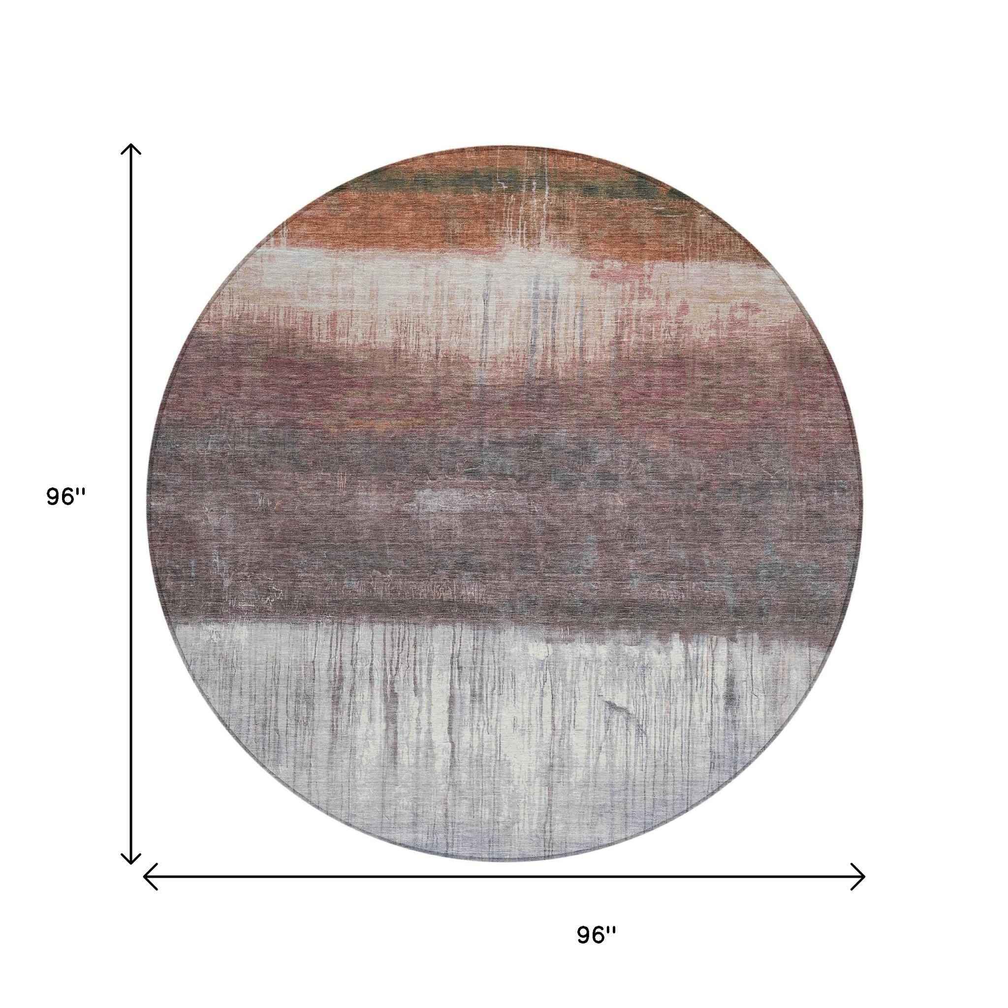 8' Rust And Ivory Round Abstract Washable Indoor Outdoor Area Rug