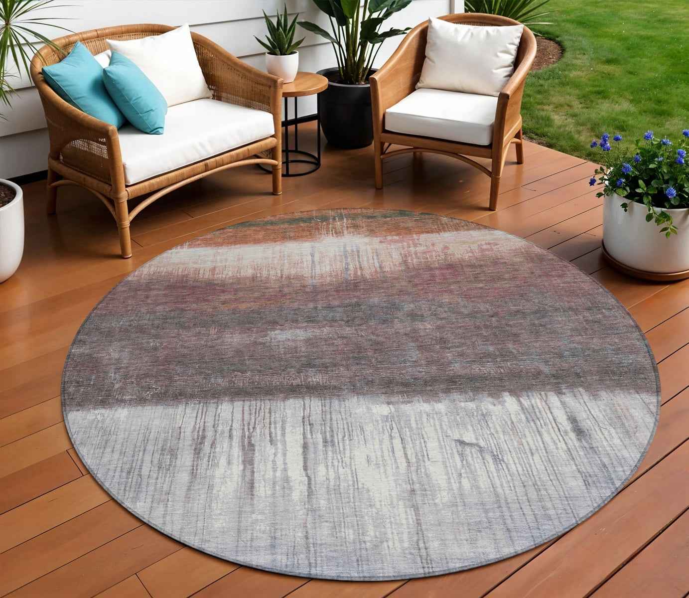 8' Rust And Ivory Round Abstract Washable Indoor Outdoor Area Rug