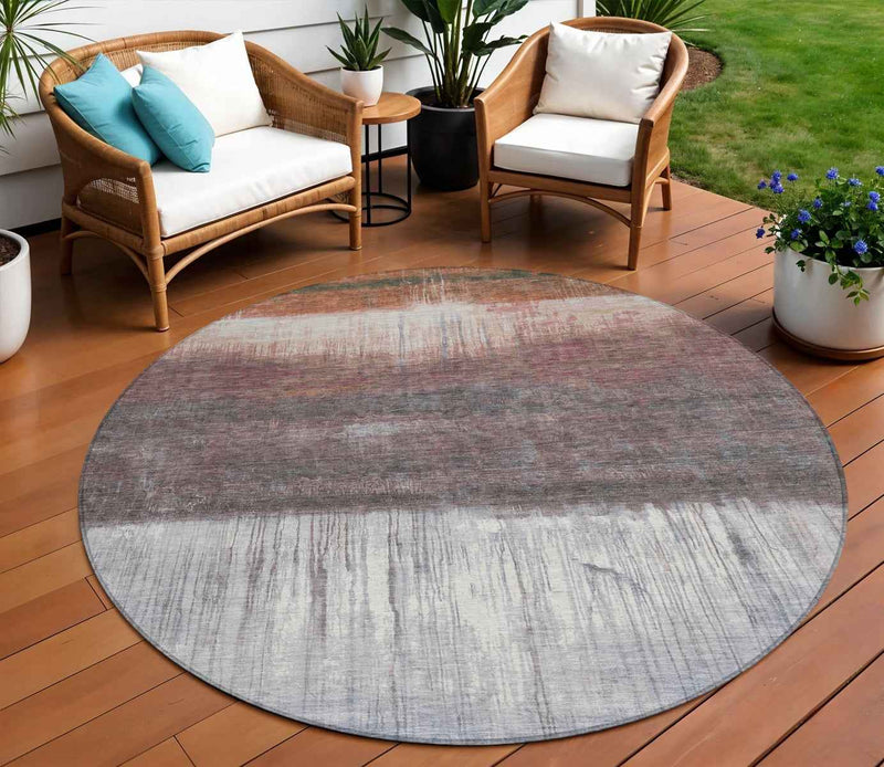 8' Rust And Ivory Round Abstract Washable Indoor Outdoor Area Rug