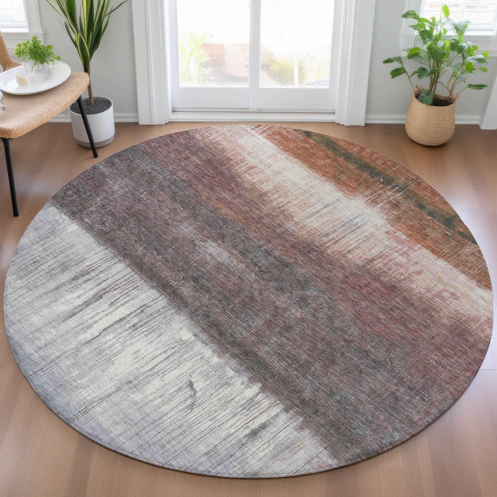 8' Rust And Ivory Round Abstract Washable Indoor Outdoor Area Rug