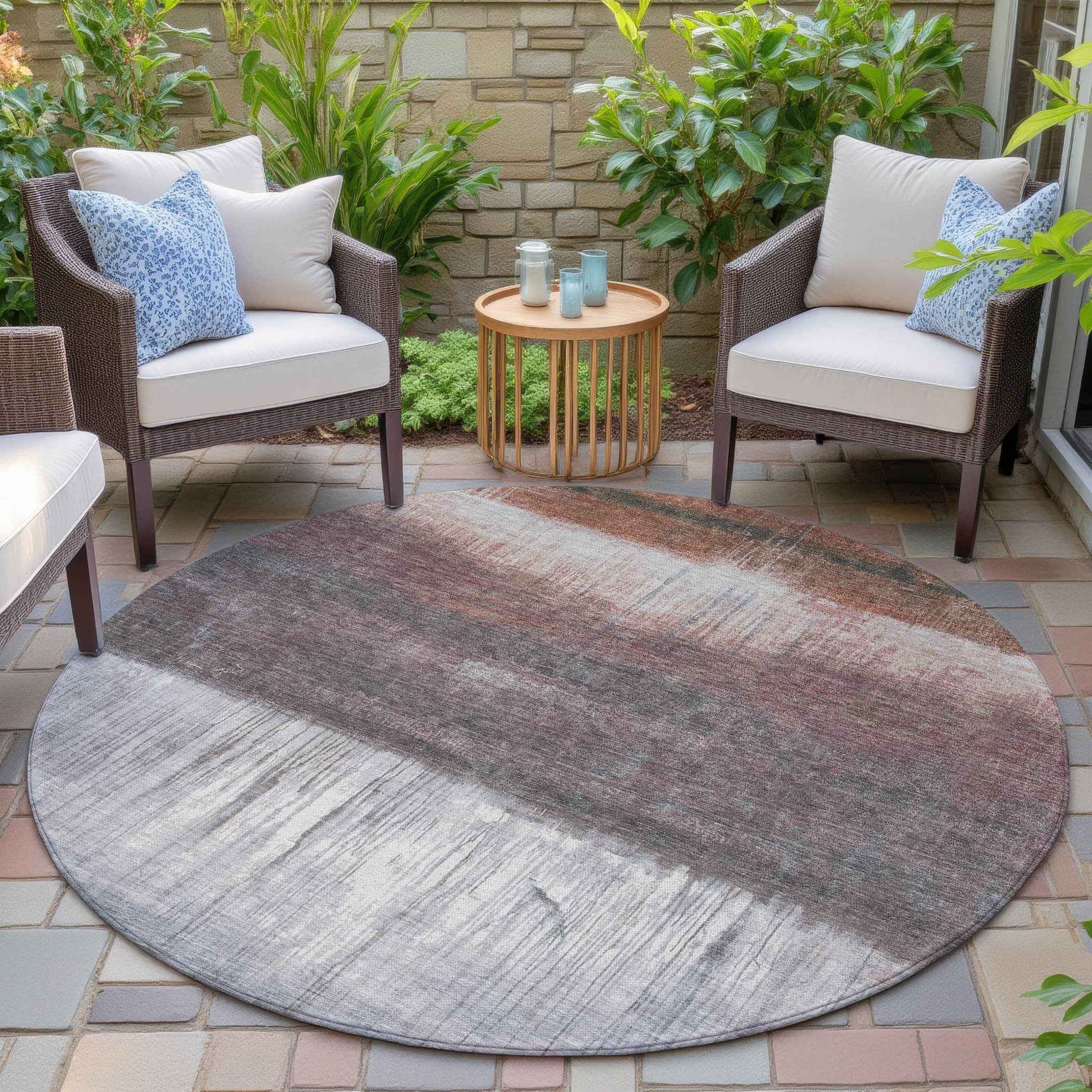 8' Rust And Ivory Round Abstract Washable Indoor Outdoor Area Rug