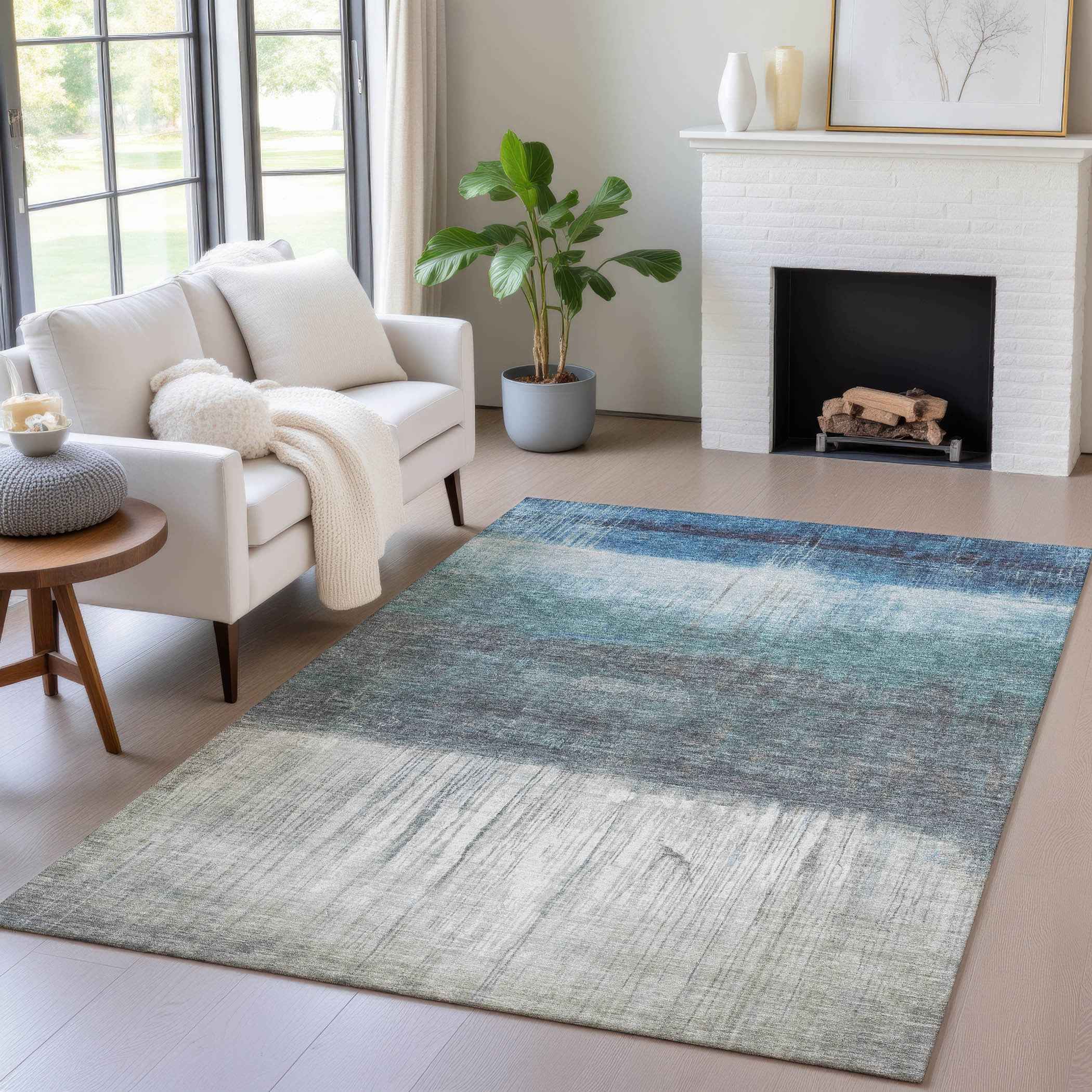 9' X 12' Blue And Gray Abstract Washable Indoor Outdoor Area Rug