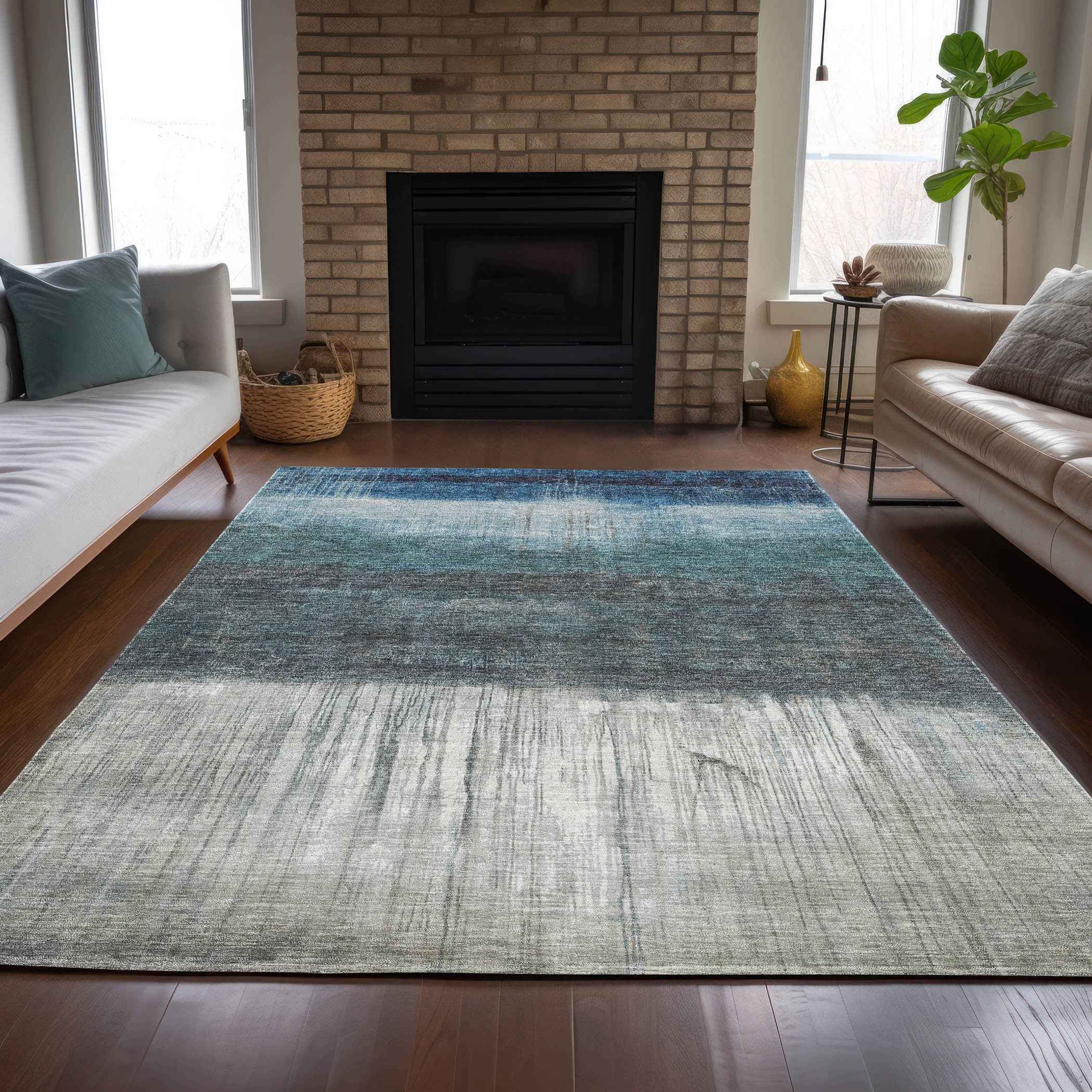 9' X 12' Blue And Gray Abstract Washable Indoor Outdoor Area Rug