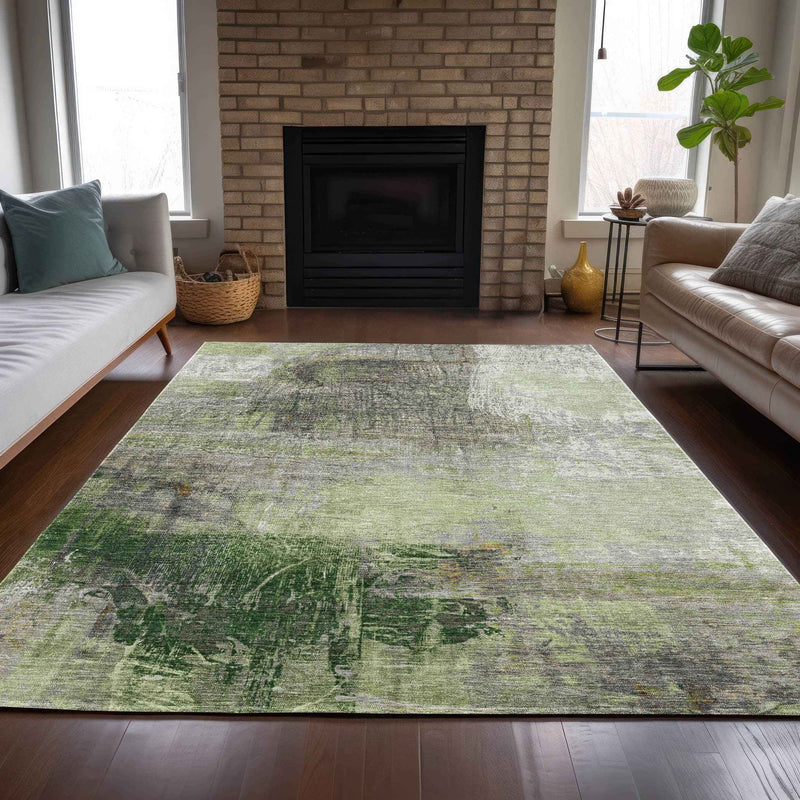 3' X 5' Artichoke Green And Ivory Abstract Washable Indoor Outdoor Area Rug