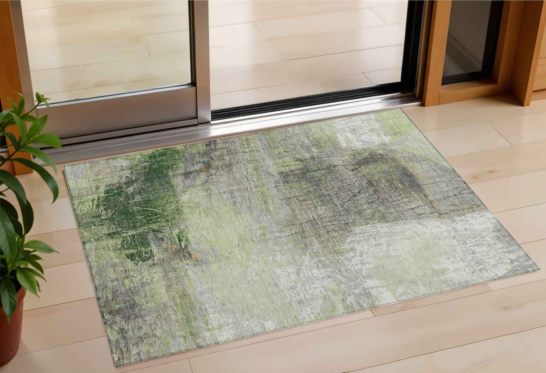 3' X 5' Artichoke Green And Ivory Abstract Washable Indoor Outdoor Area Rug