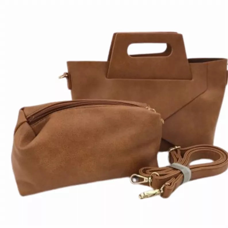 Tan tote bag with top handle, zippered pouch, and crossbody strap