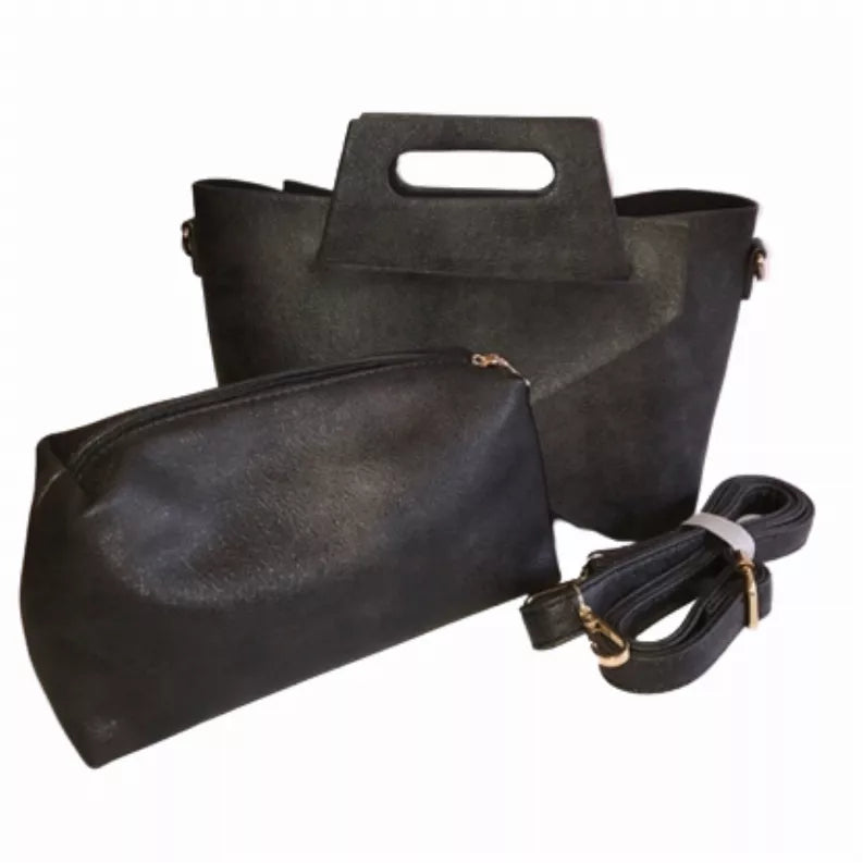 Black tote bag with top handle and zippered pouch with attached crossbody strap