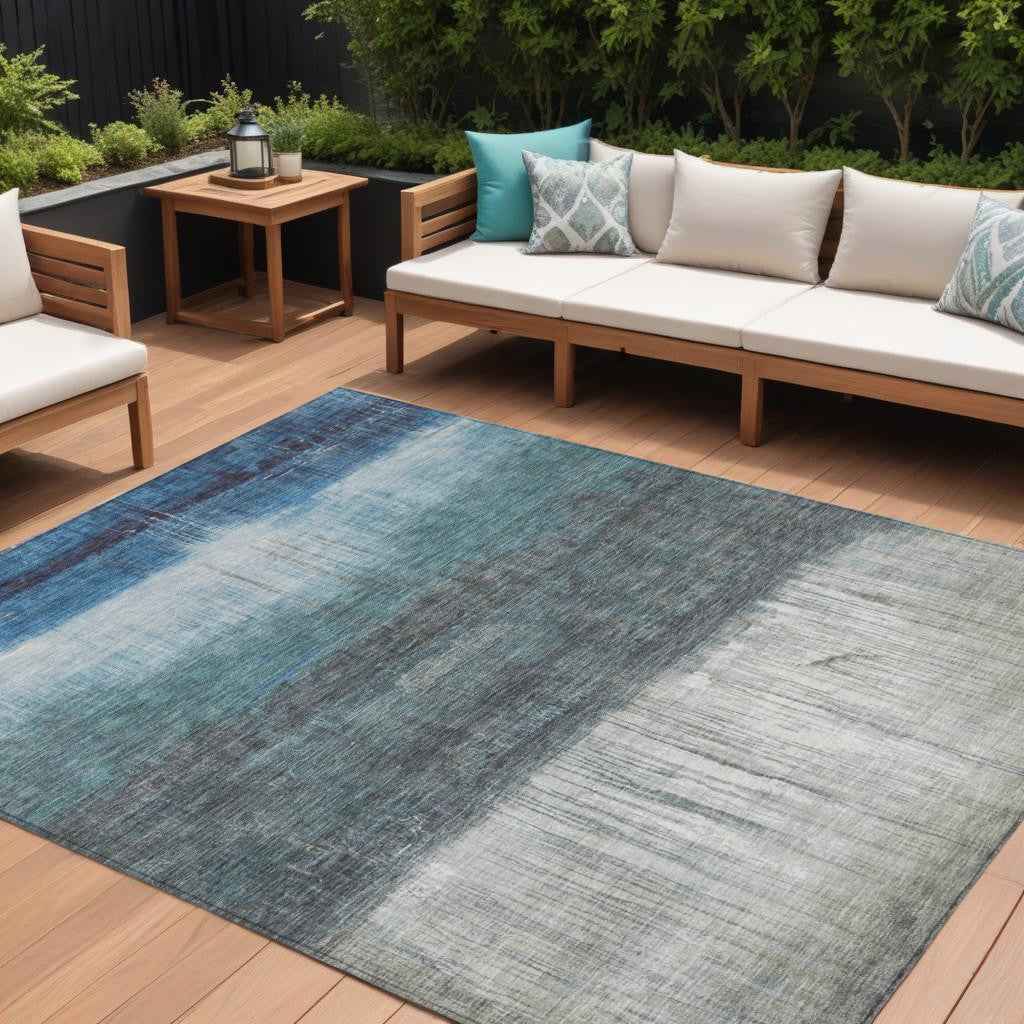 10' X 14' Blue And Gray Abstract Washable Indoor Outdoor Area Rug