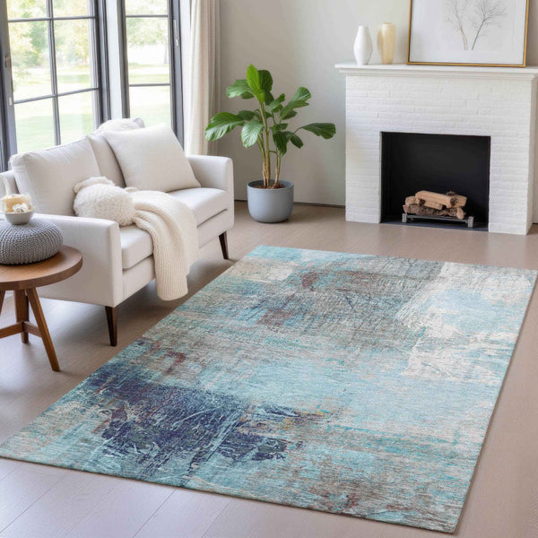 10' X 14' Teal Blue And Gray Abstract Washable Indoor Outdoor Area Rug Default Title