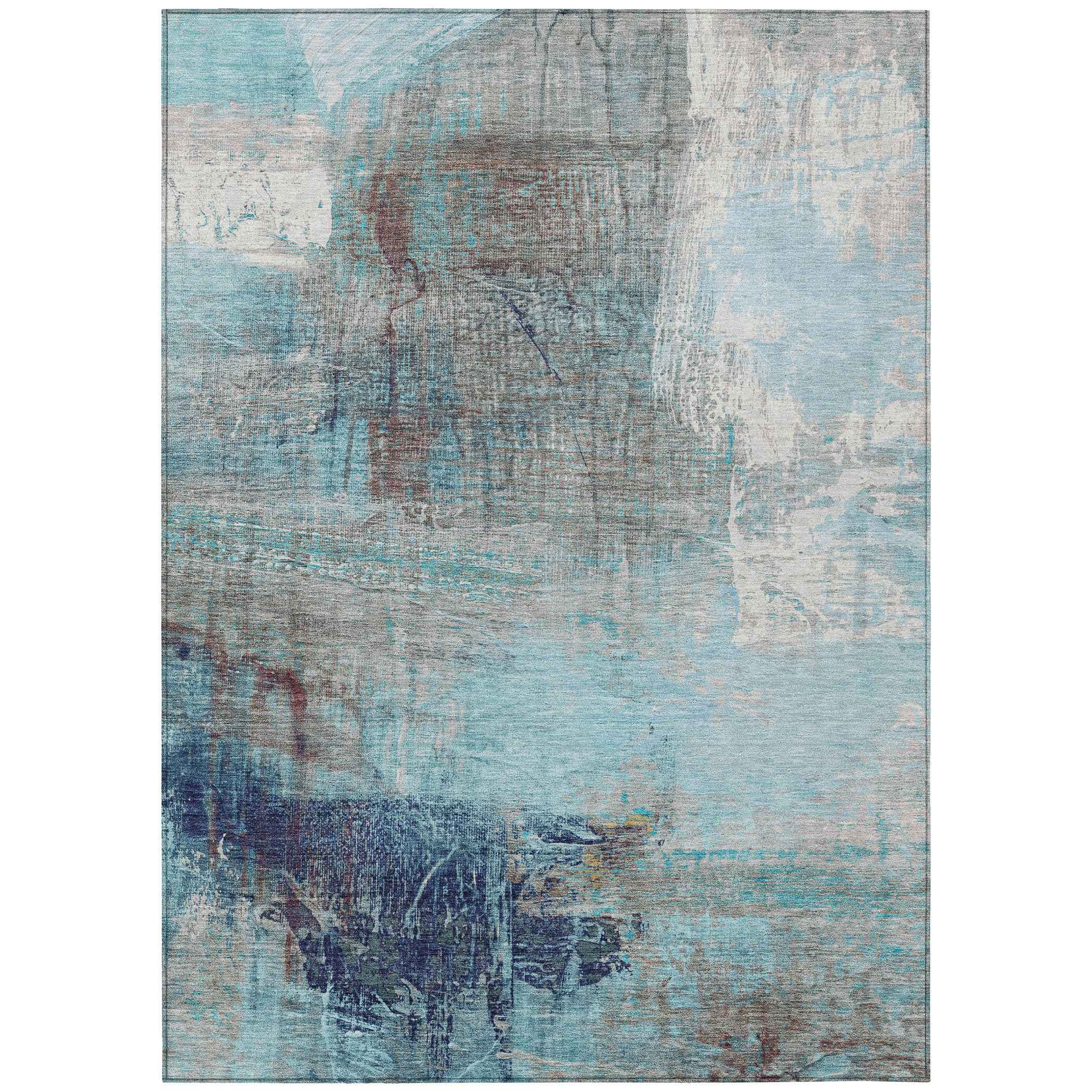 10' X 14' Teal Blue And Gray Abstract Washable Indoor Outdoor Area Rug