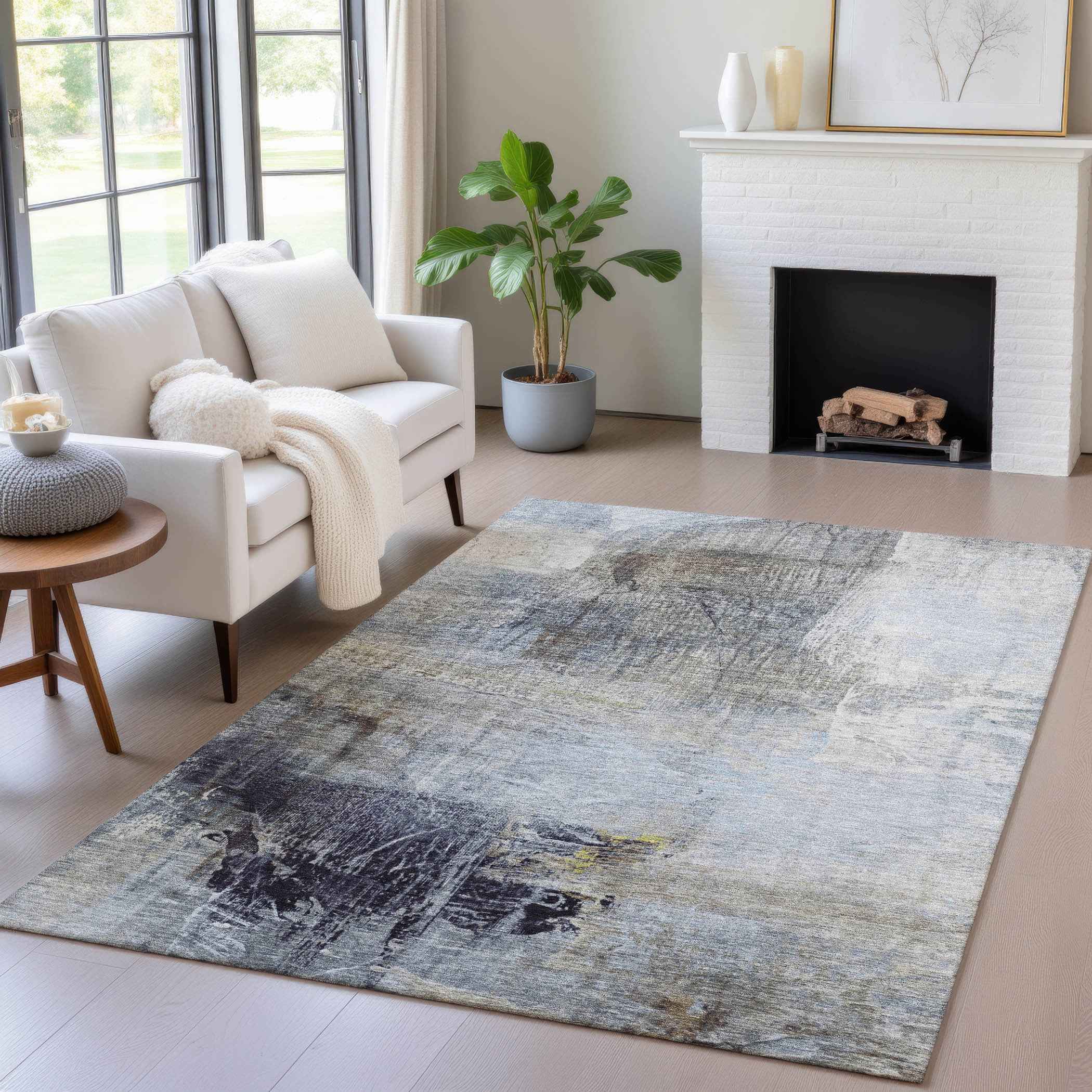 5' X 8' Sky Blue And Gray Abstract Washable Indoor Outdoor Area Rug