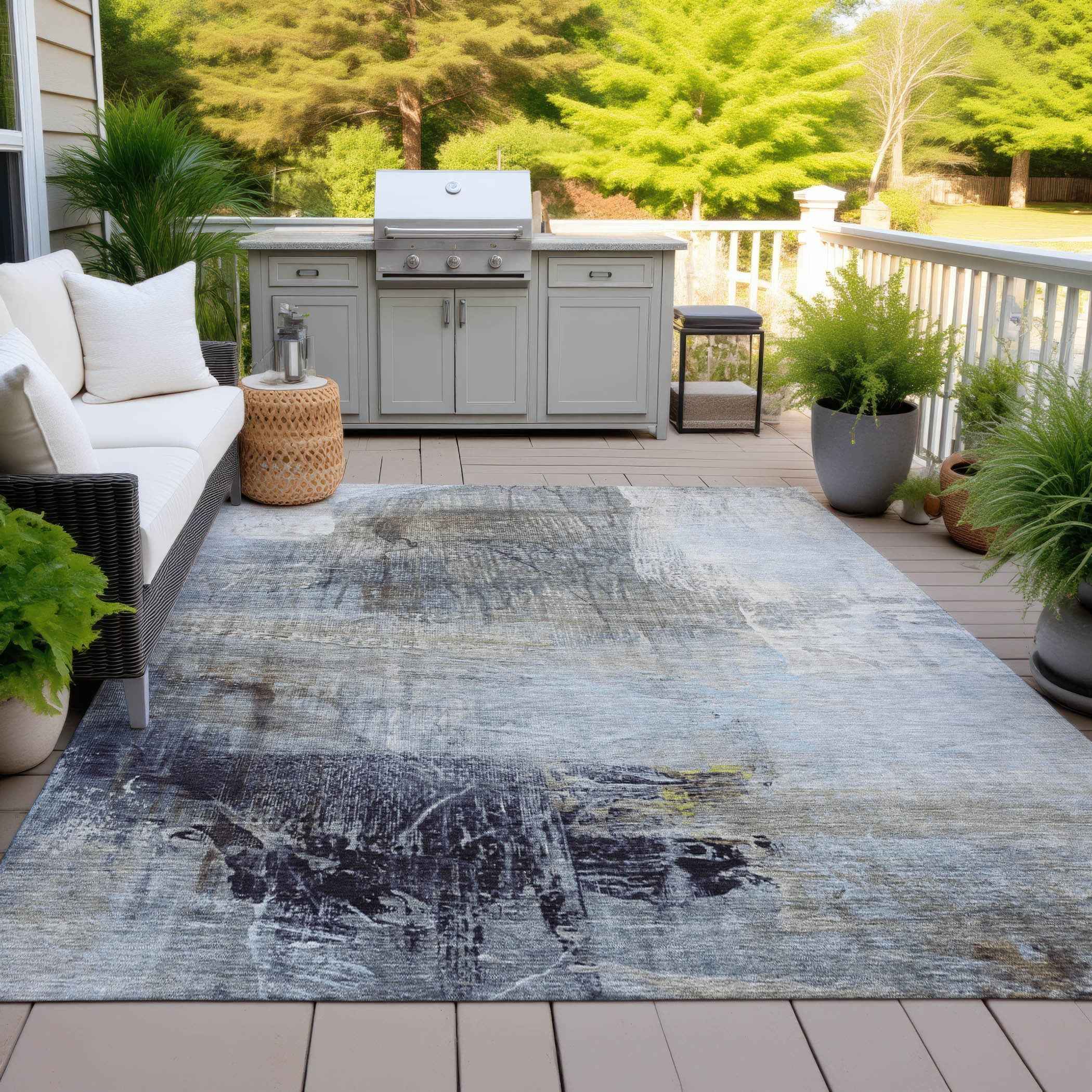 5' X 8' Sky Blue And Gray Abstract Washable Indoor Outdoor Area Rug