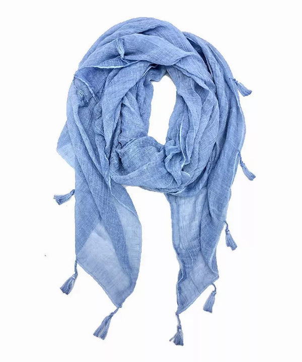 Light blue solid scarf with tassel-trim ends, loosely looped for display