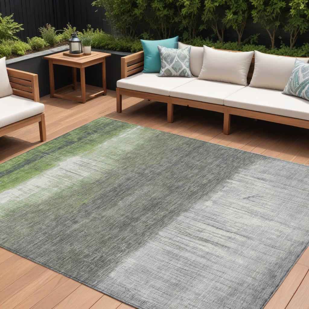 9' X 12' Fern Green And Gray Abstract Washable Indoor Outdoor Area Rug