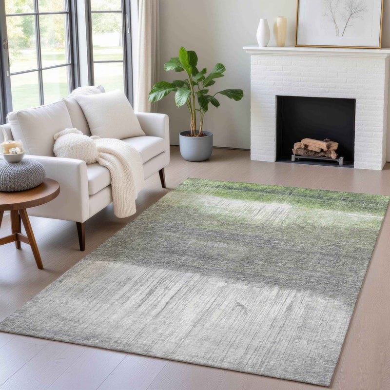 9' X 12' Fern Green And Gray Abstract Washable Indoor Outdoor Area Rug