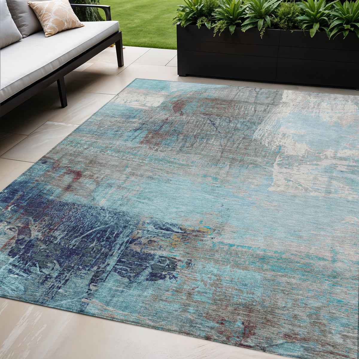 5' X 8' Teal Blue And Gray Abstract Washable Indoor Outdoor Area Rug