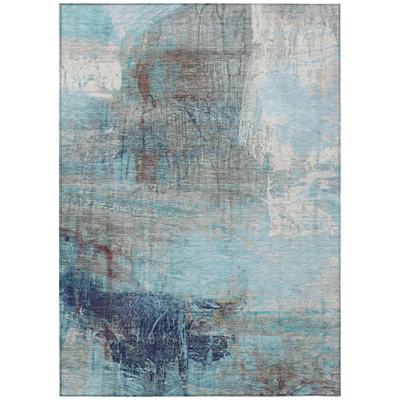 5' X 8' Teal Blue And Gray Abstract Washable Indoor Outdoor Area Rug