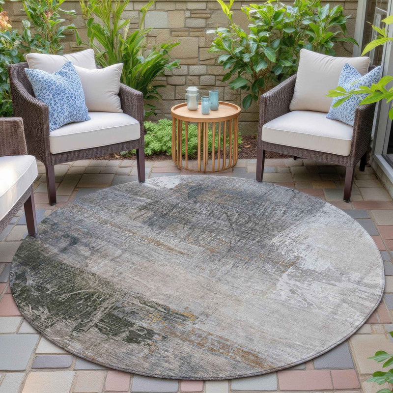 8' Beige And Gray Round Abstract Washable Indoor Outdoor Area Rug
