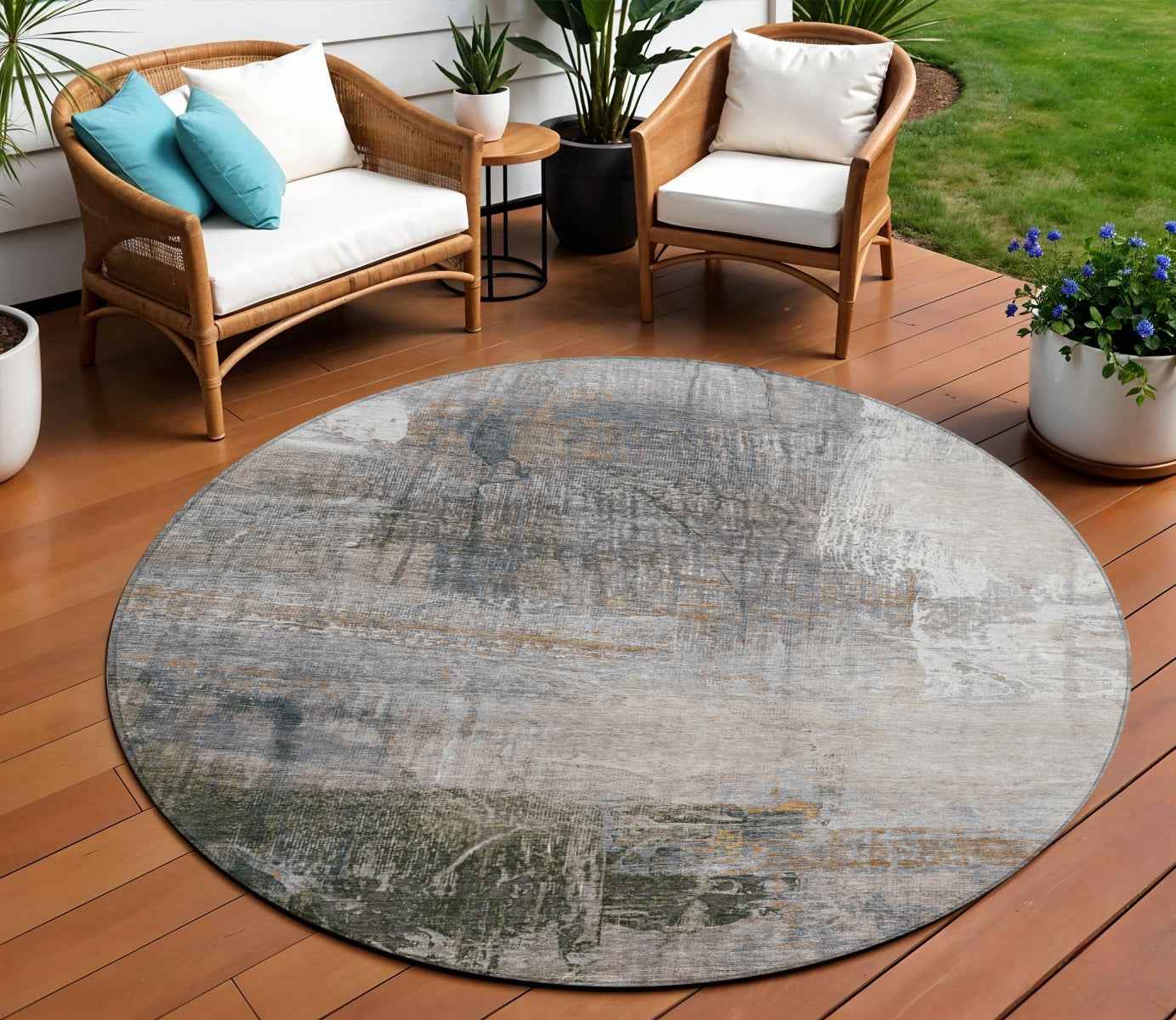 8' Beige And Gray Round Abstract Washable Indoor Outdoor Area Rug