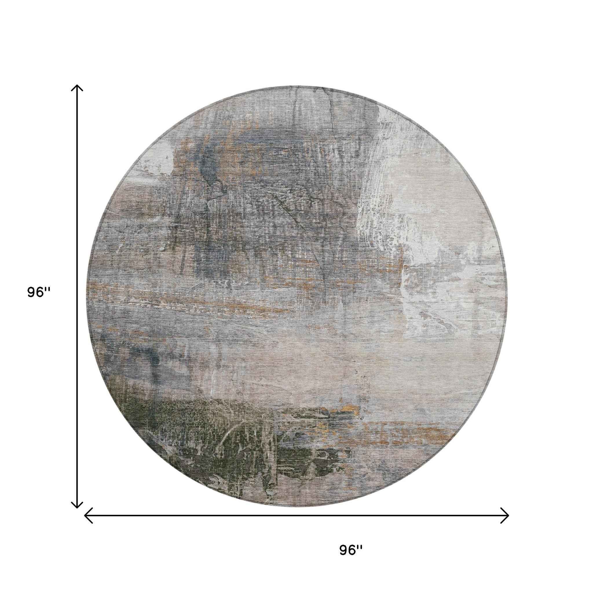 8' Beige And Gray Round Abstract Washable Indoor Outdoor Area Rug