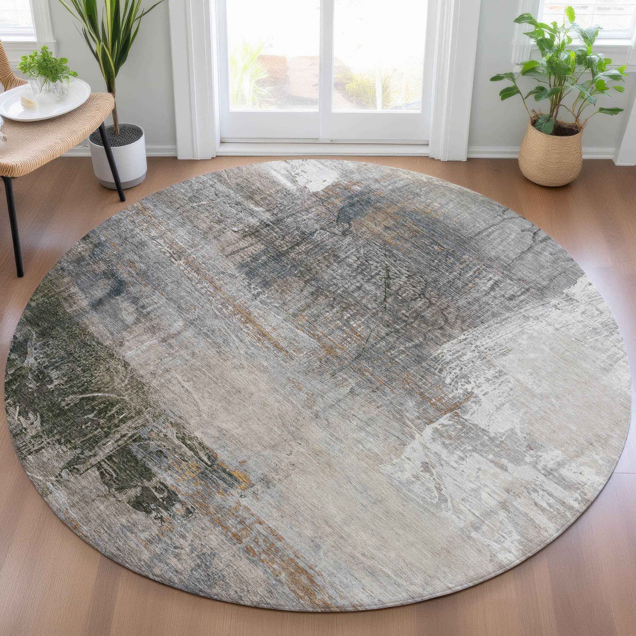 8' Beige And Gray Round Abstract Washable Indoor Outdoor Area Rug