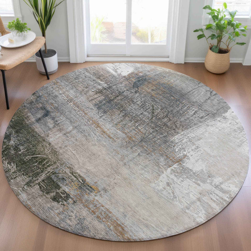 8' Beige And Gray Round Abstract Washable Indoor Outdoor Area Rug