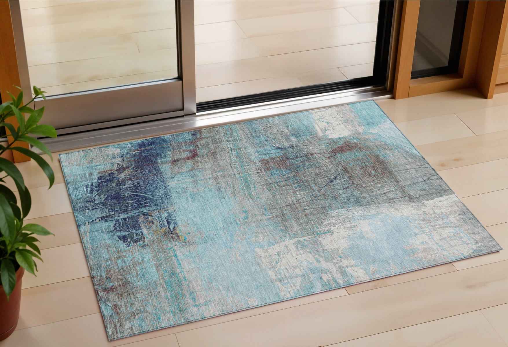 3' X 5' Teal Blue And Gray Abstract Washable Indoor Outdoor Area Rug