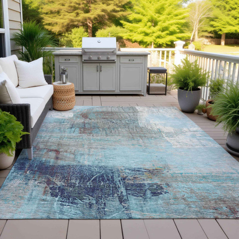 3' X 5' Teal Blue And Gray Abstract Washable Indoor Outdoor Area Rug